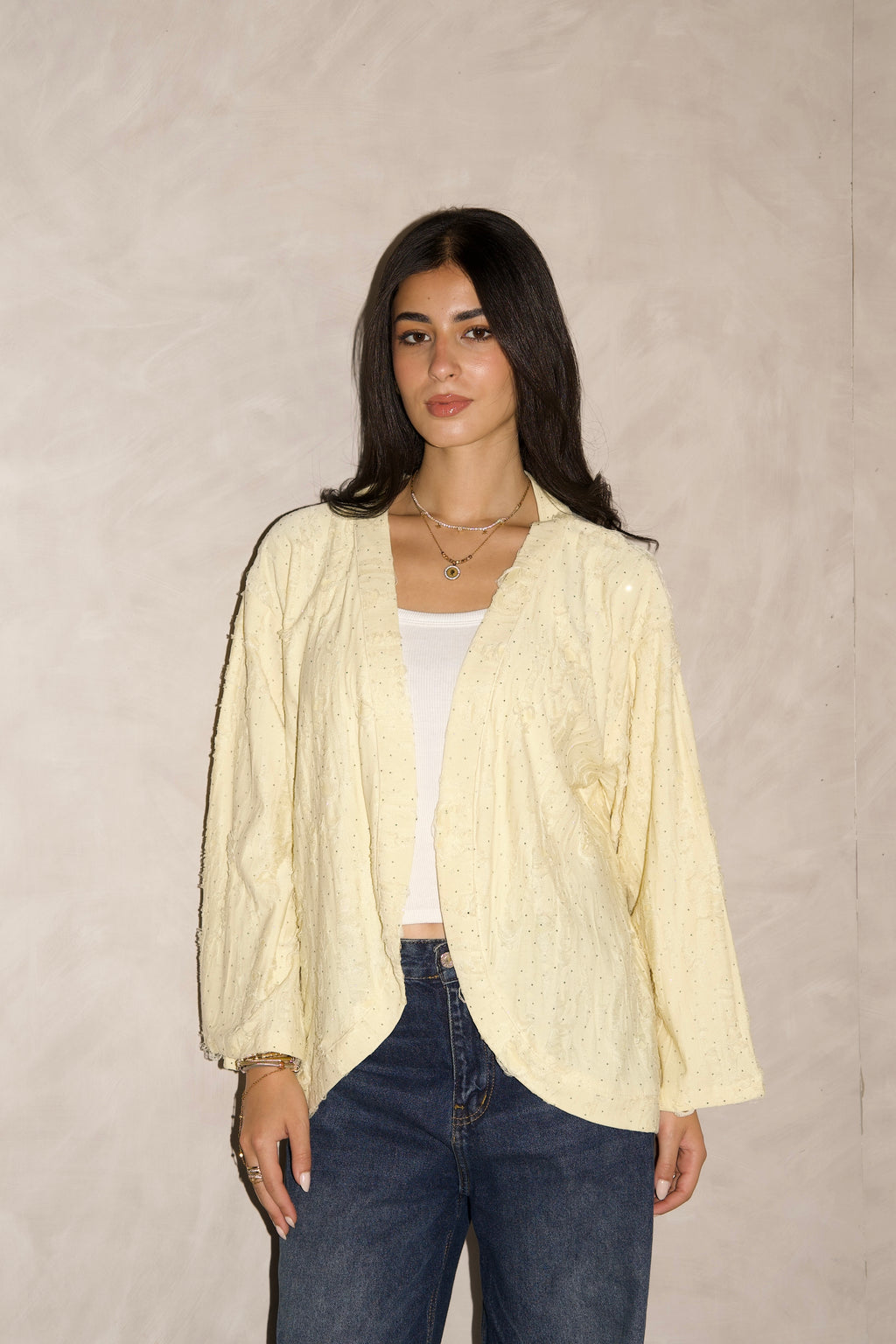 Studded linen kimono in butter yellow