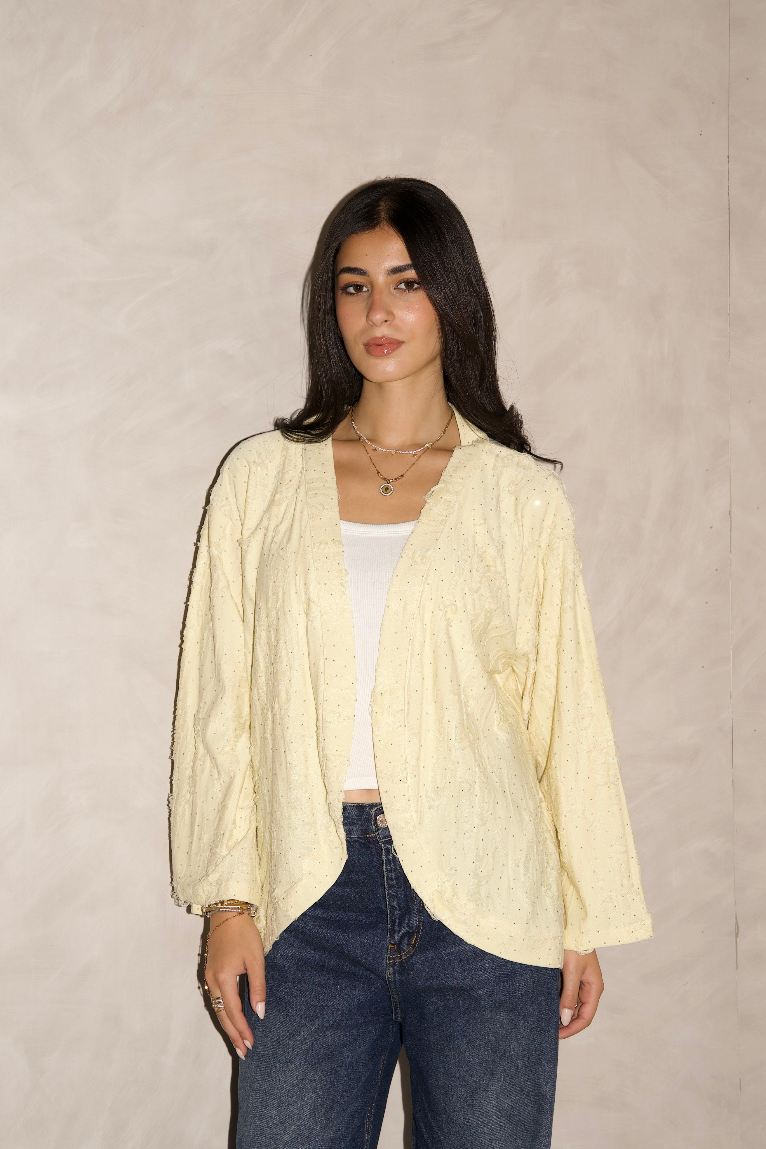 Studded linen kimono in butter yellow