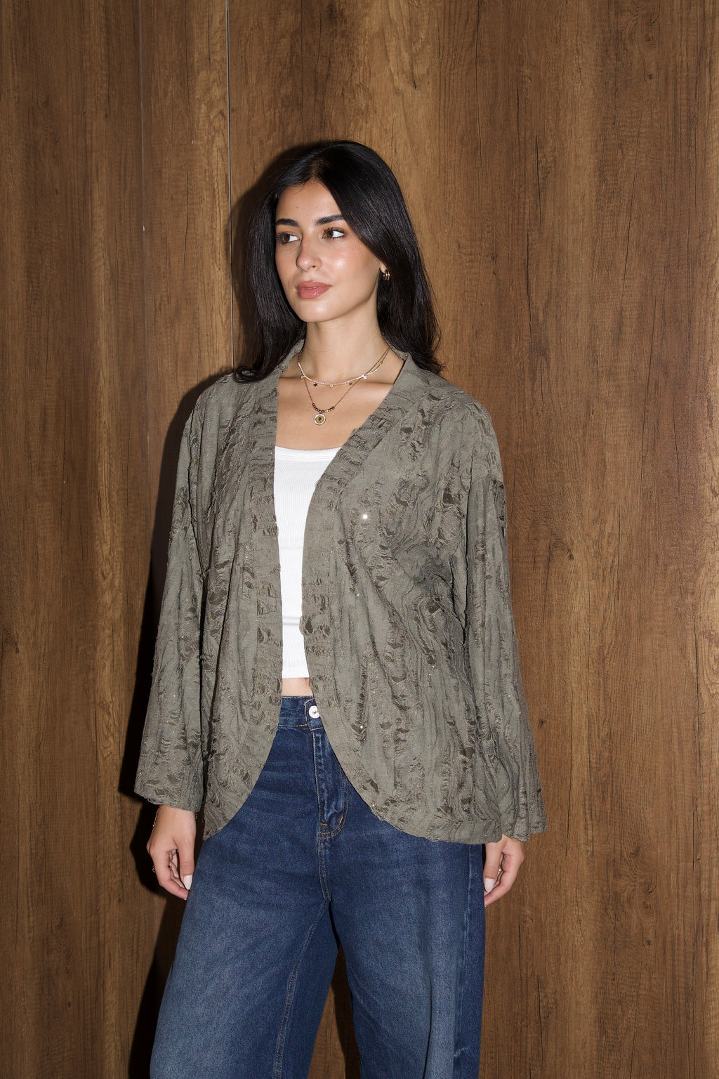 Studded linen kimono in olive
