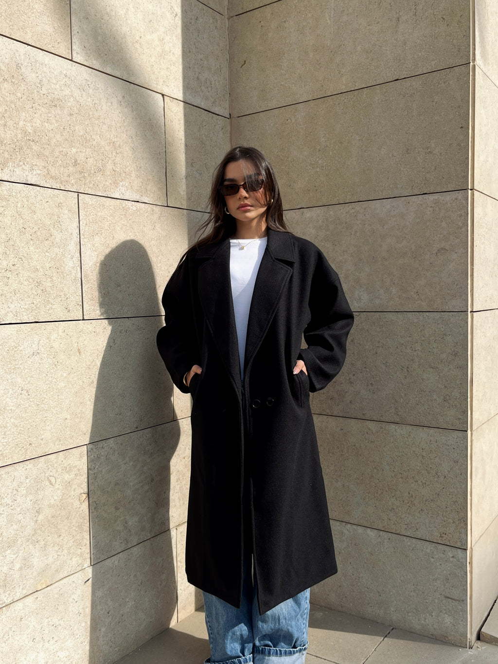 Long wool blend double-breasted coat