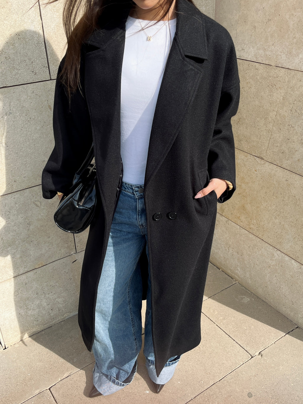 Long wool blend double-breasted coat