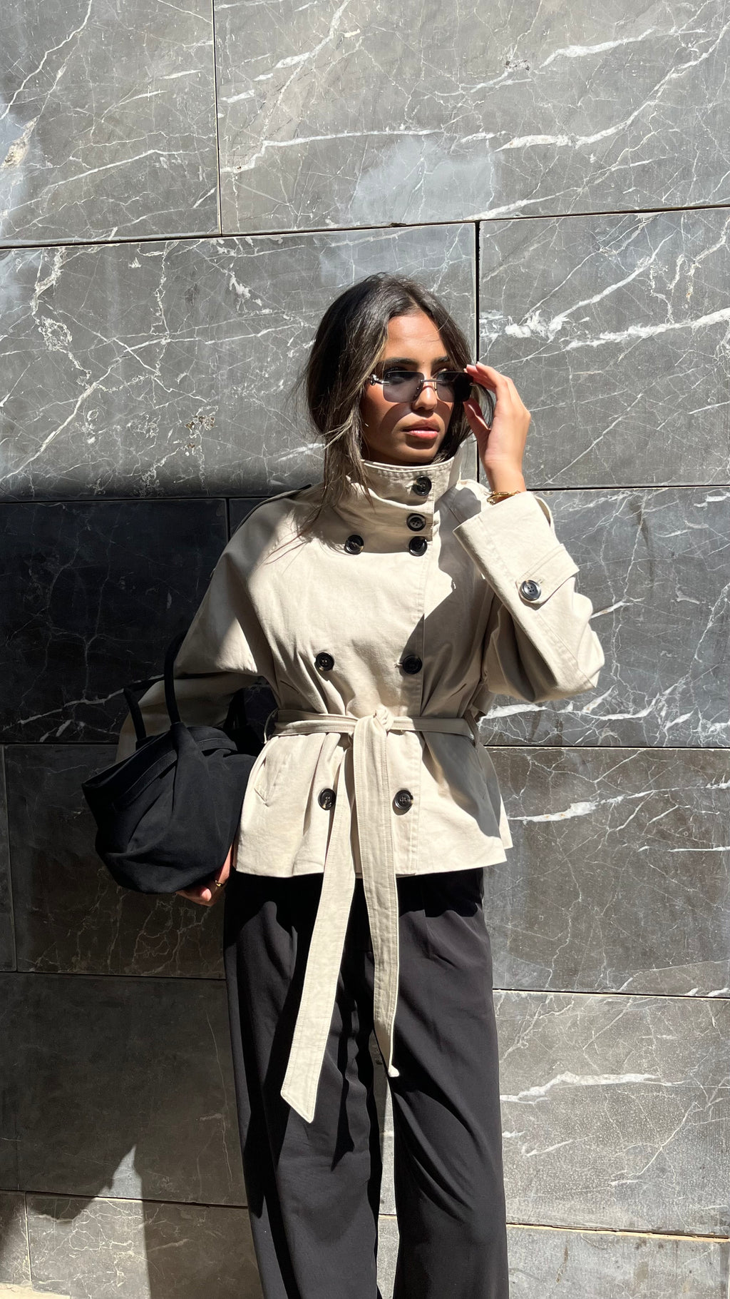 Funnel Neck Trench Coat In Beige