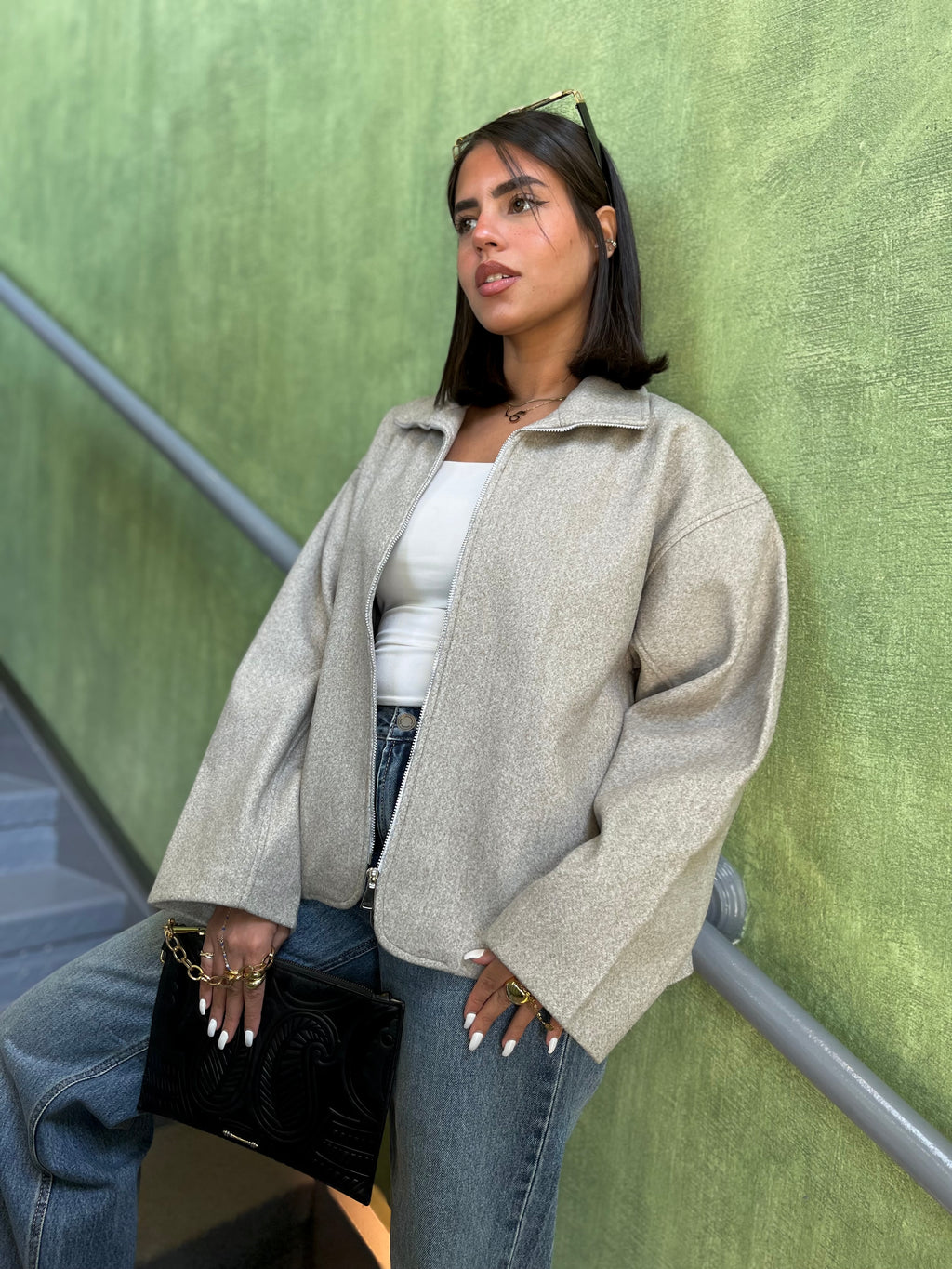 Short wool blend jacket with seams