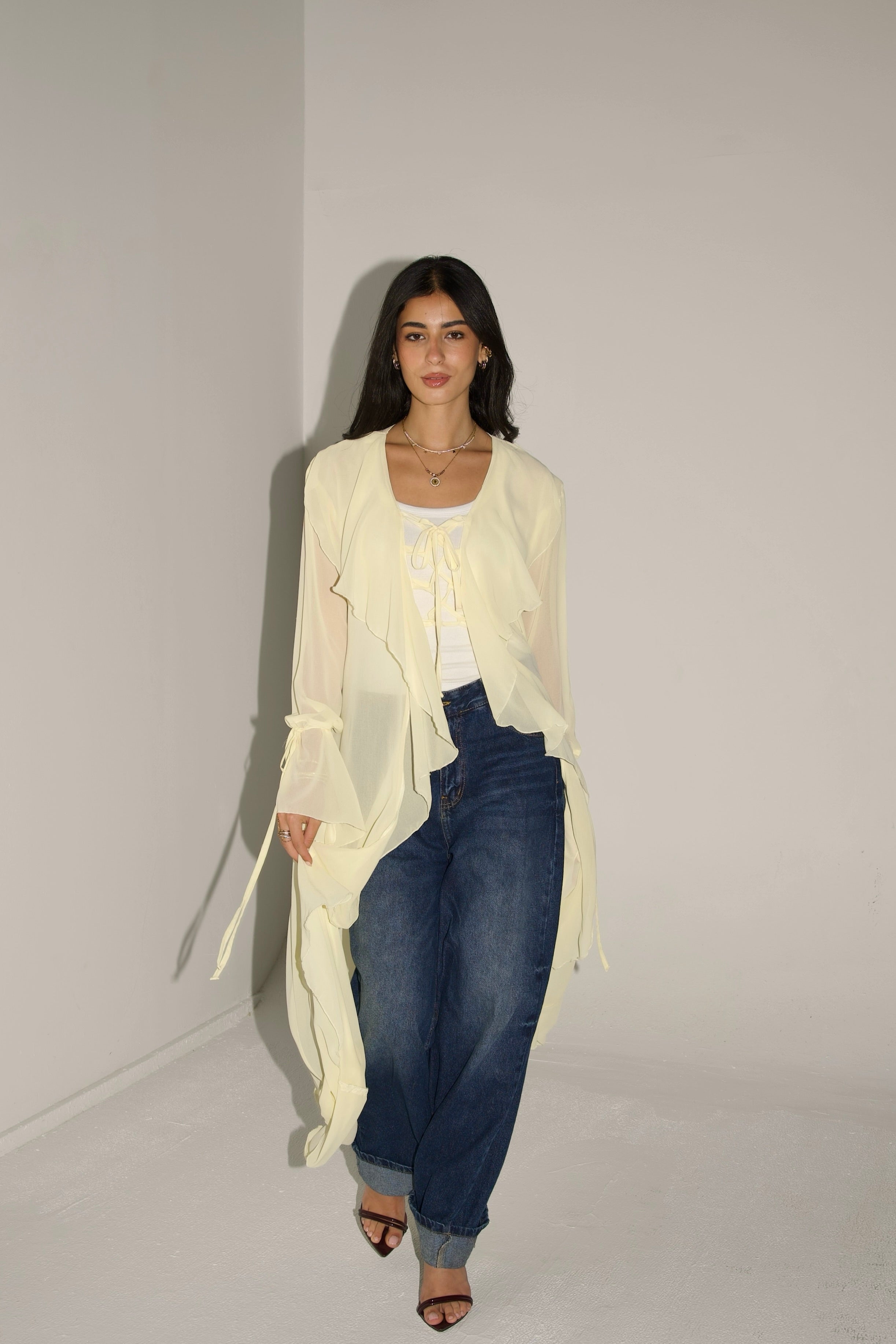 Ruffles cardigan in butter yellow