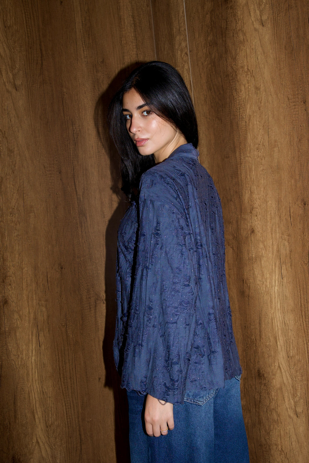 Studded linen kimono in navy