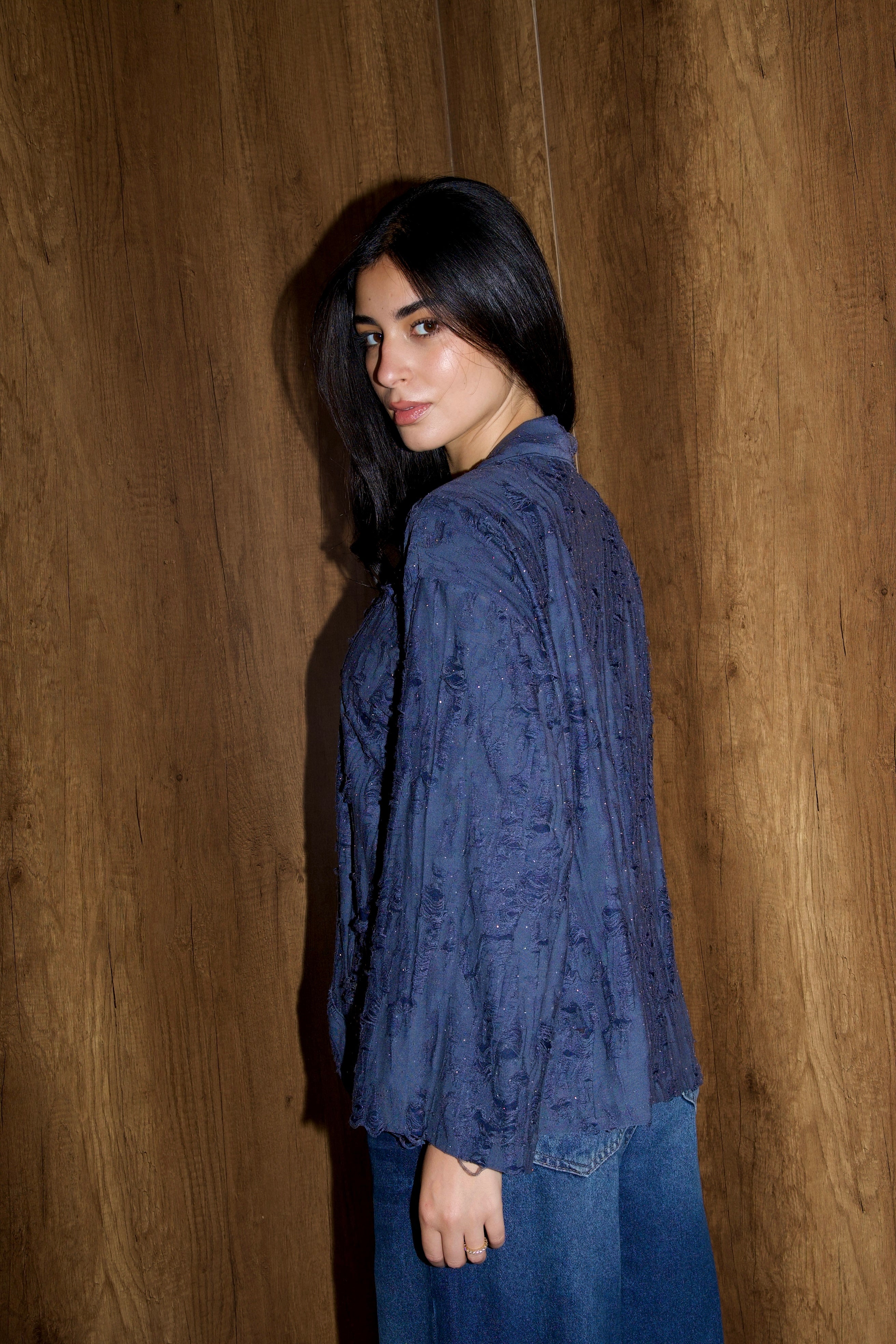 Studded linen kimono in navy