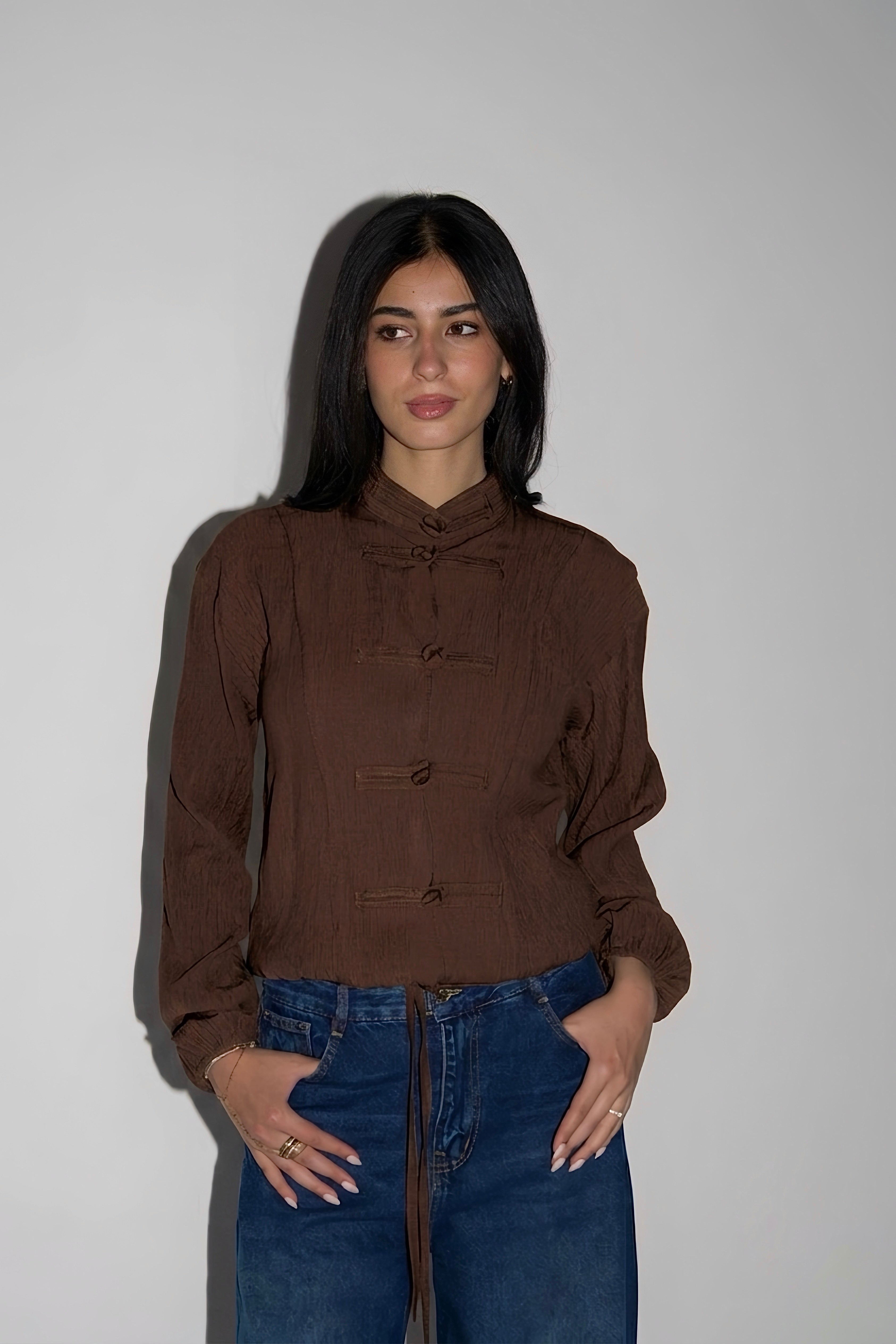 Mandarin Top in chocolate brown