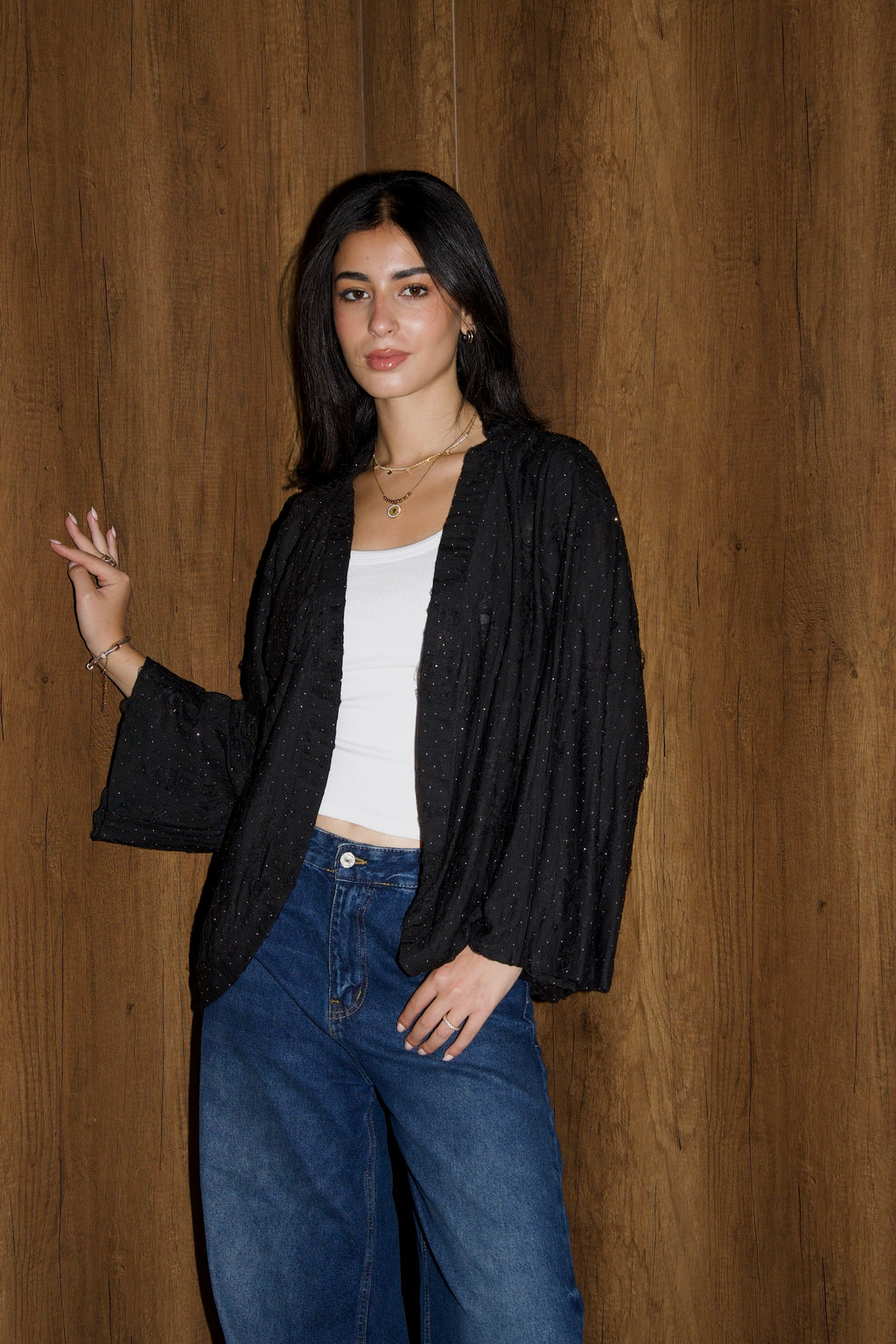 Studded linen kimono in black