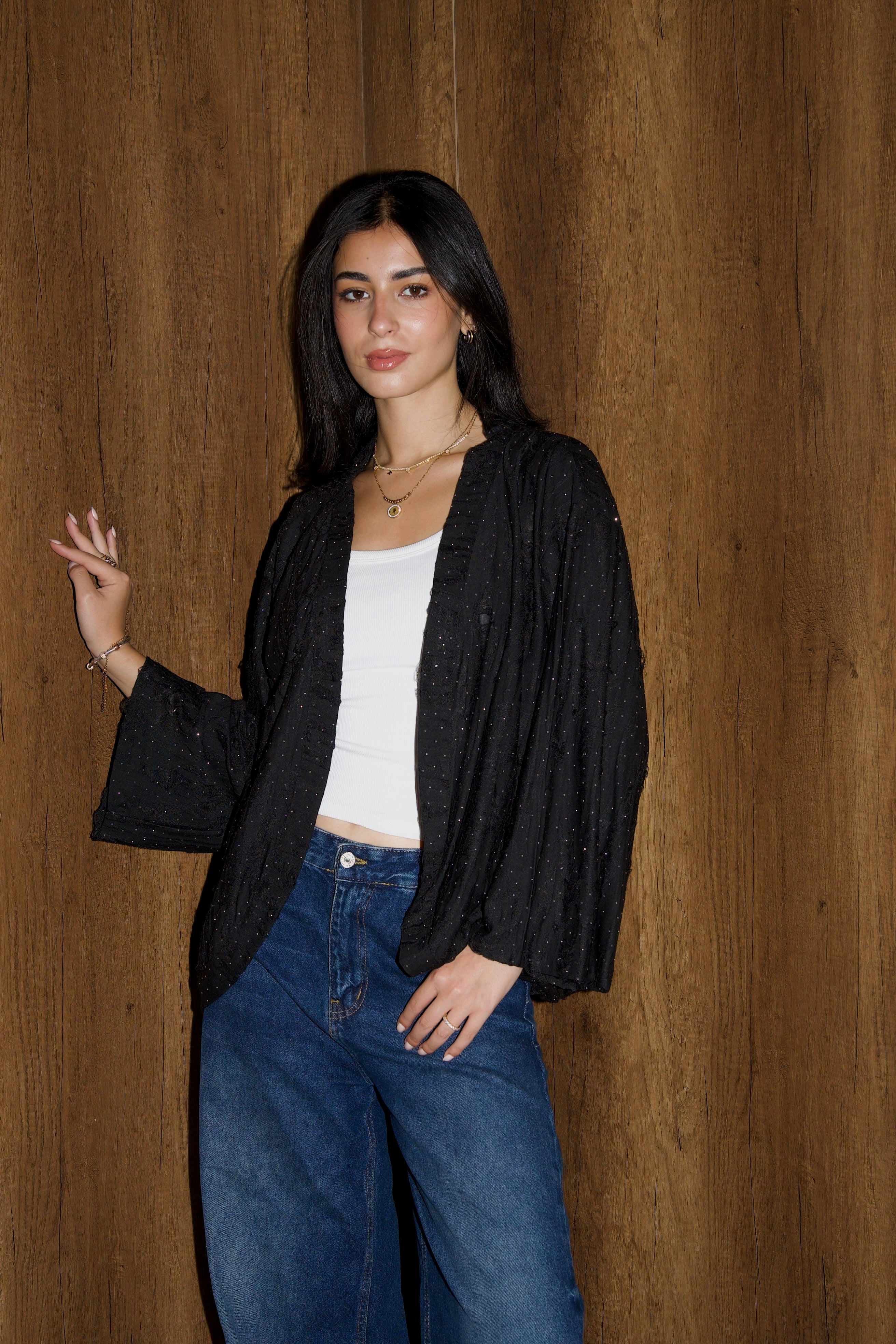Studded linen kimono in black