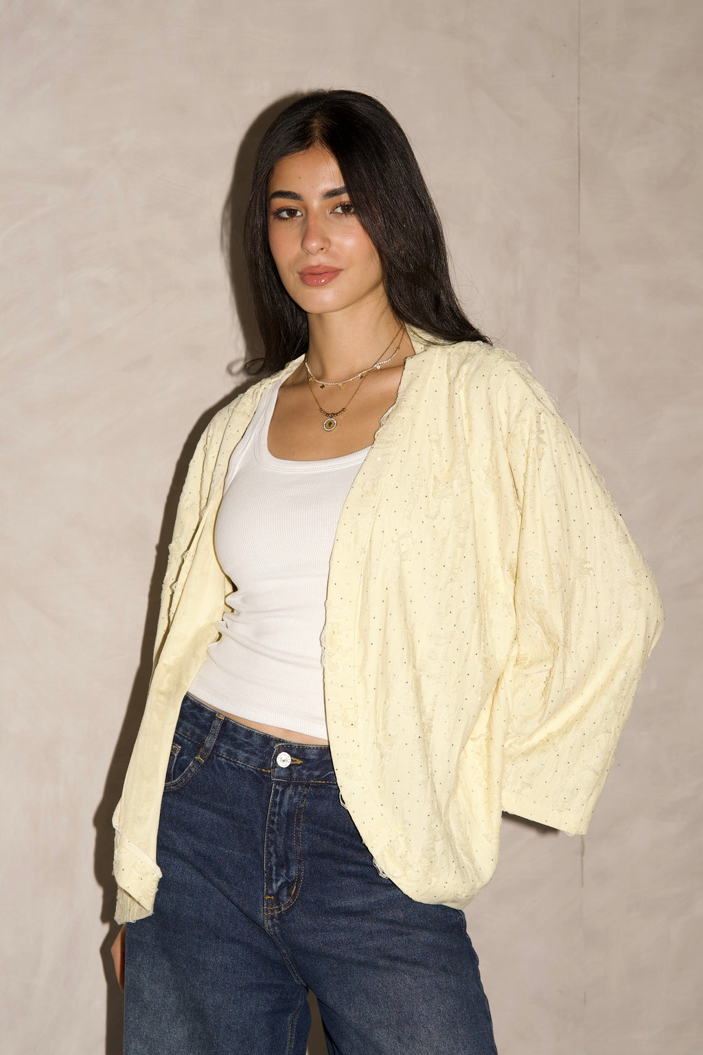 Studded linen kimono in butter yellow
