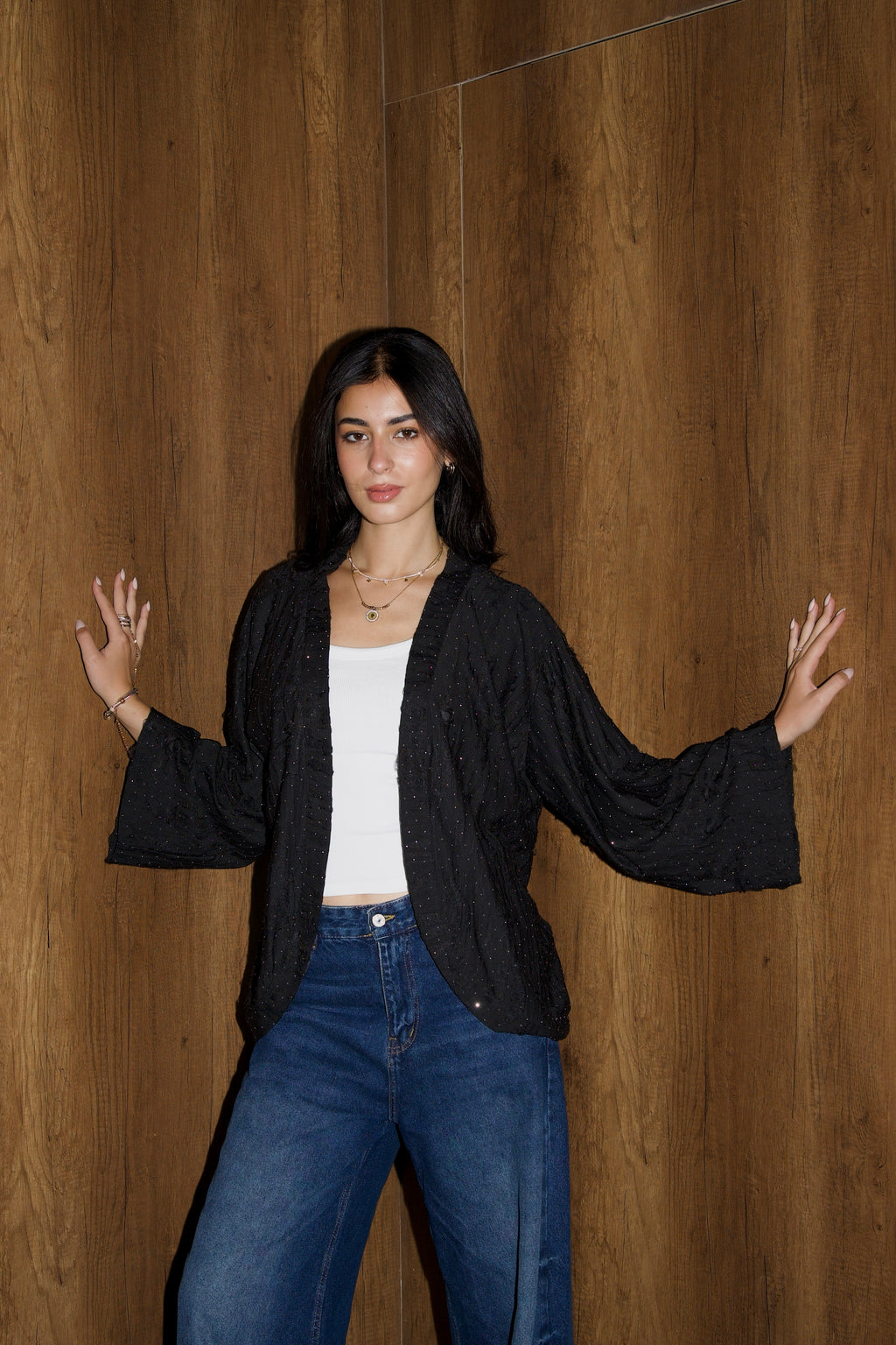 Studded linen kimono in black
