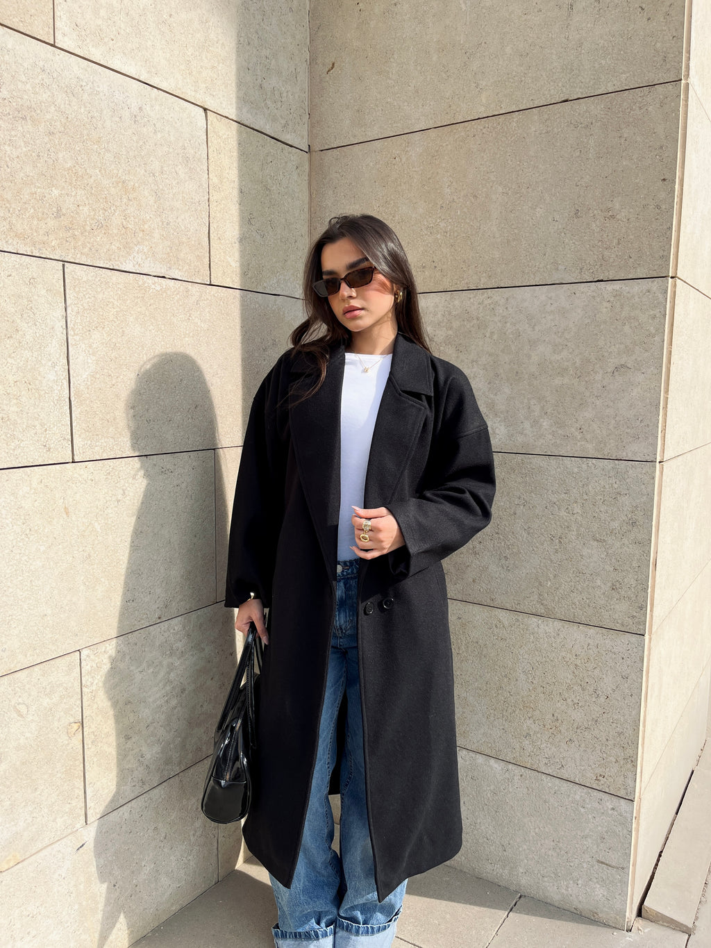 Long wool blend double-breasted coat