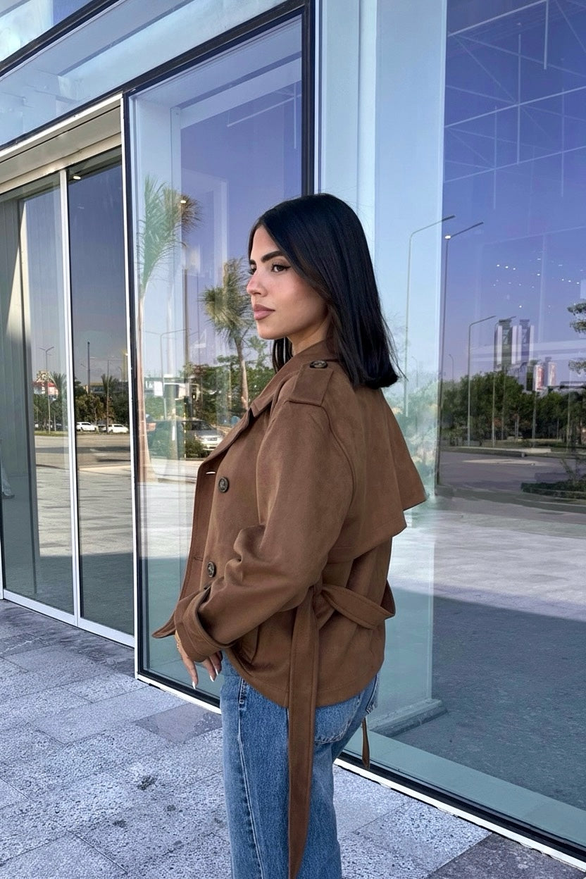 Suede trench coat with belt