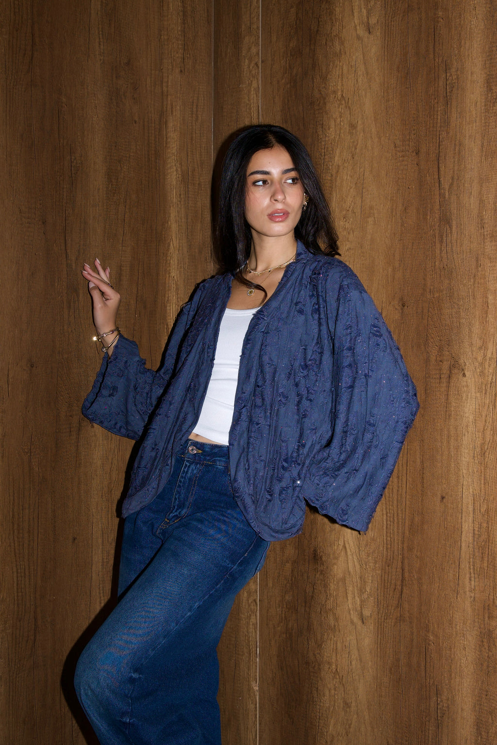 Studded linen kimono in navy