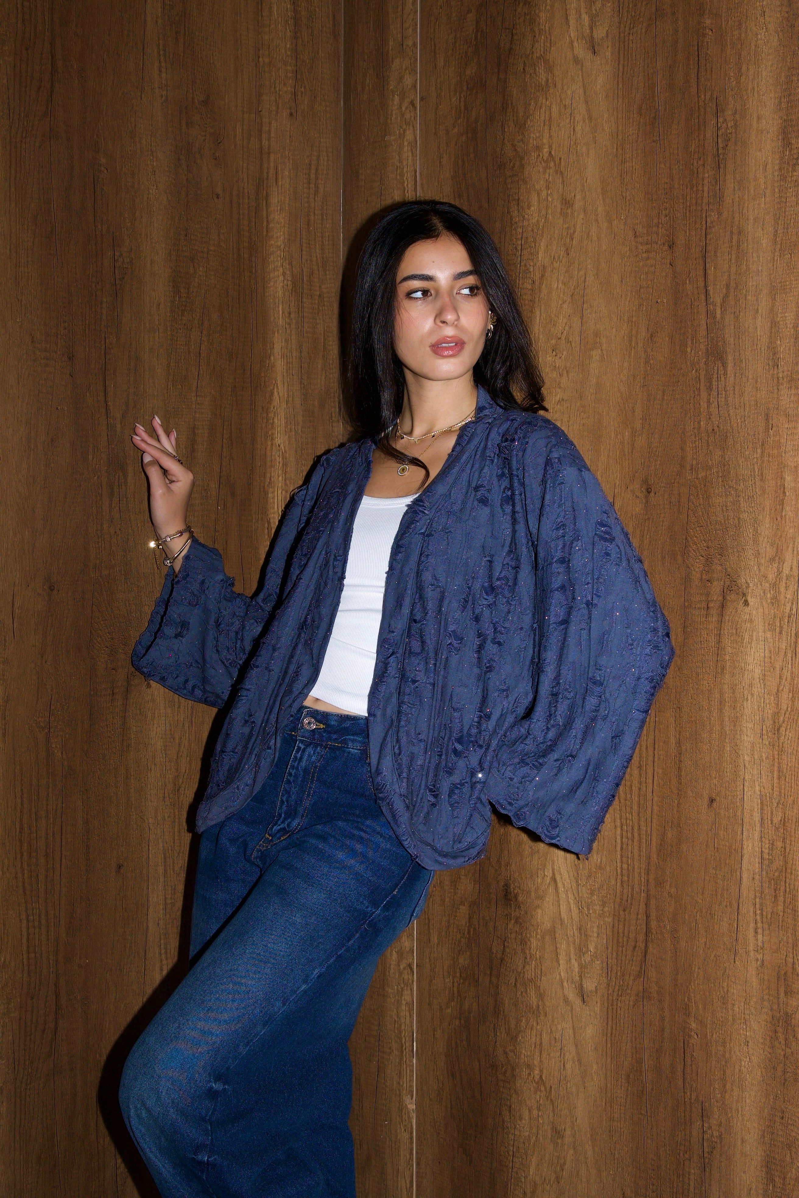 Studded linen kimono in navy