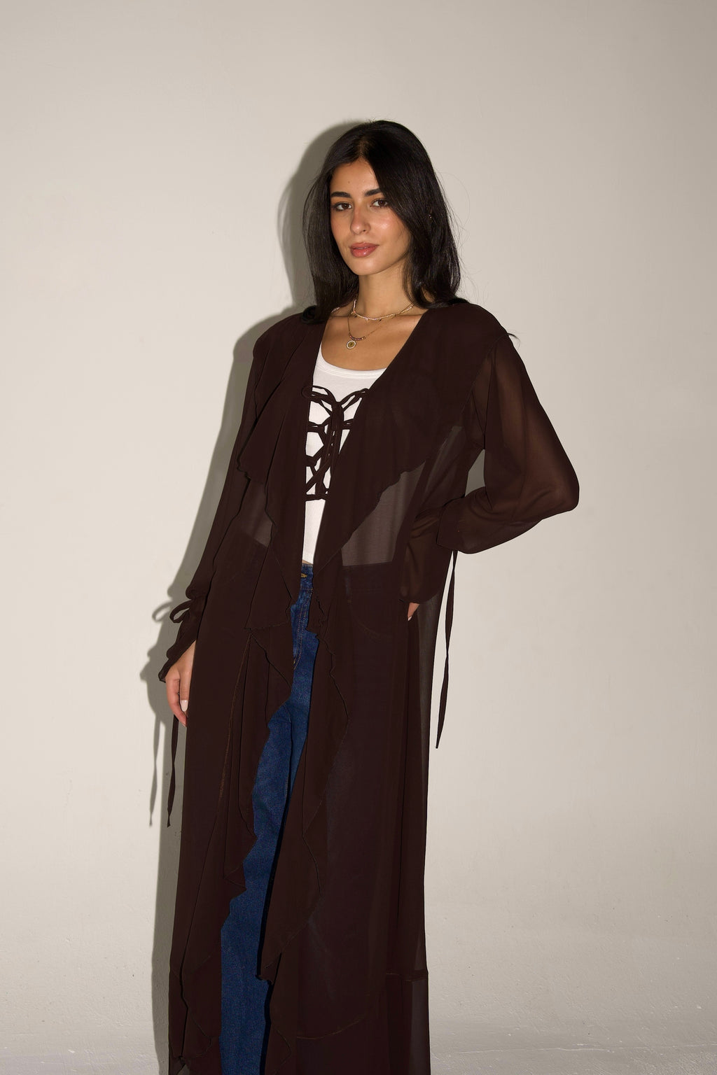 Ruffles cardigan in chocolate brown