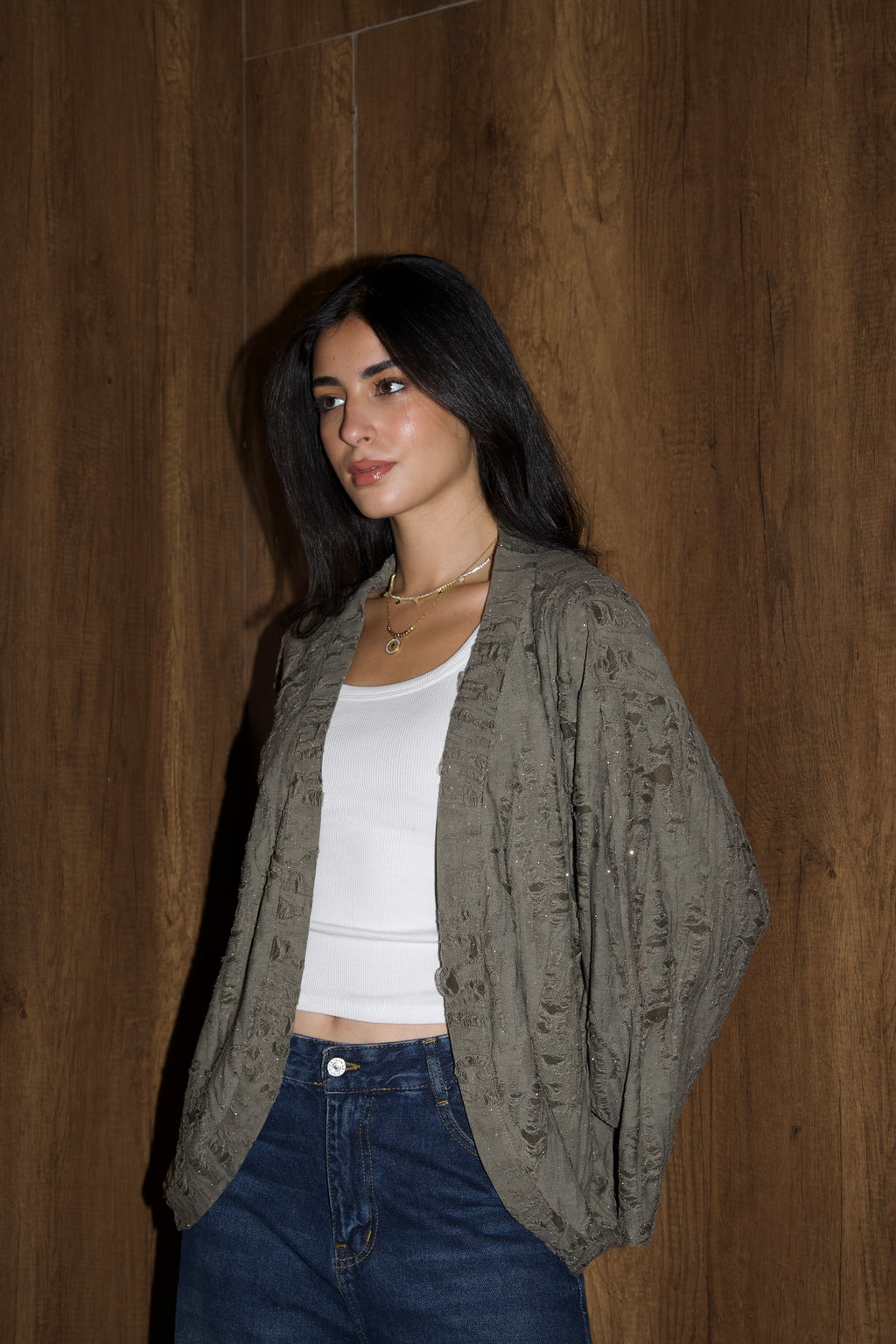 Studded linen kimono in olive