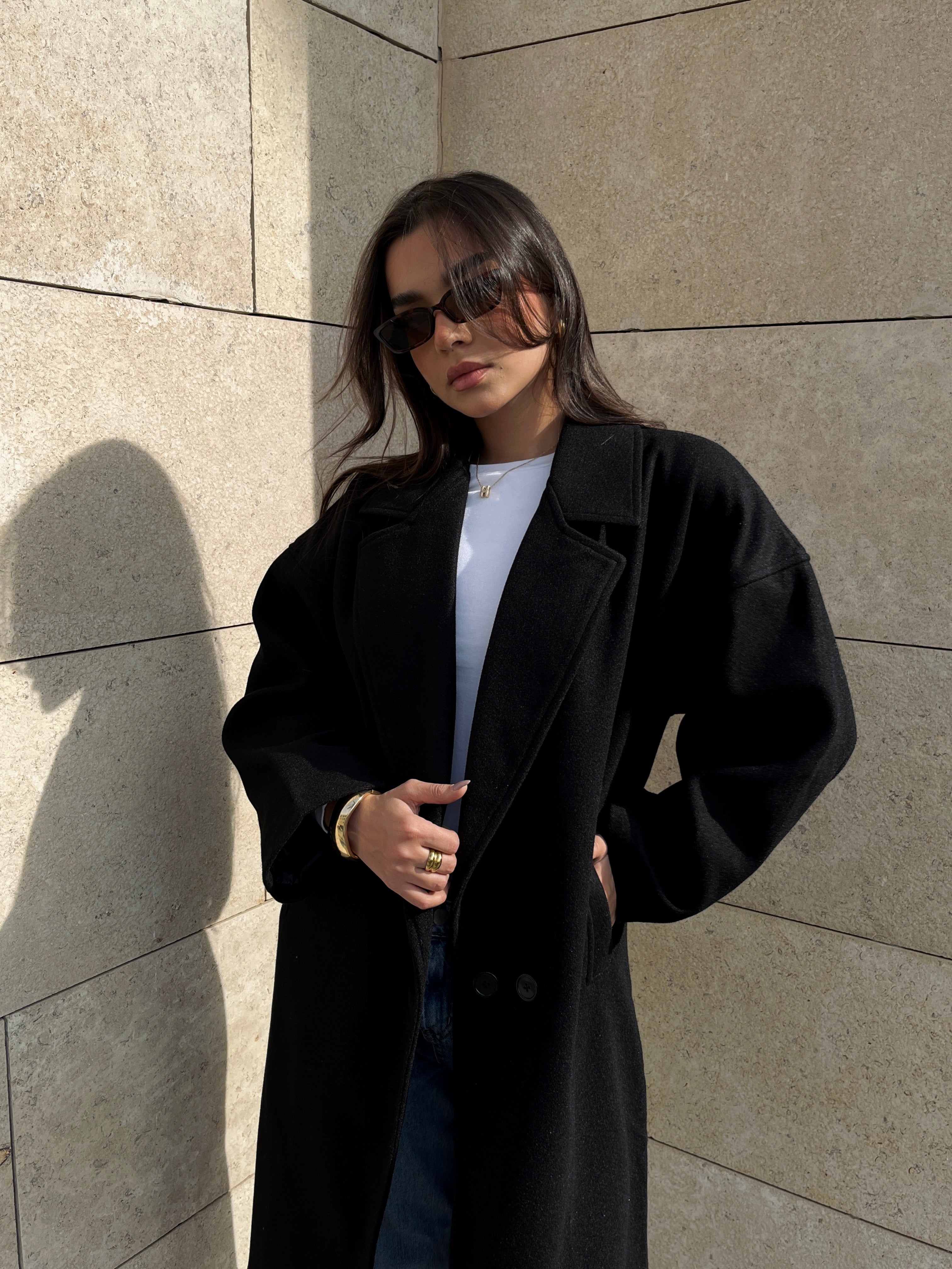 Long wool blend double-breasted coat