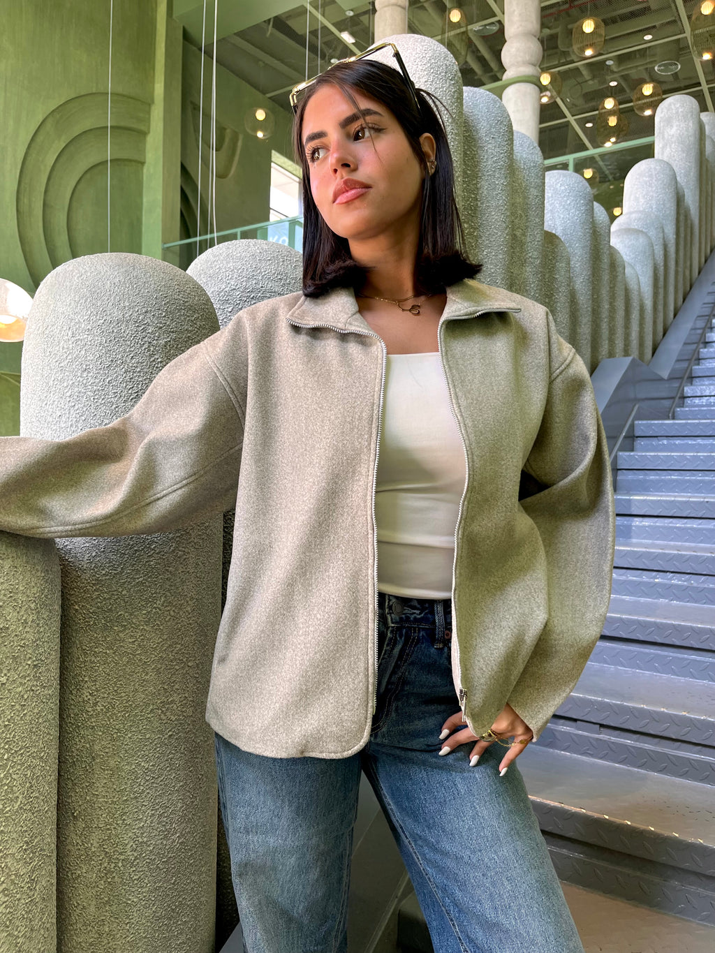 Short wool blend jacket with seams