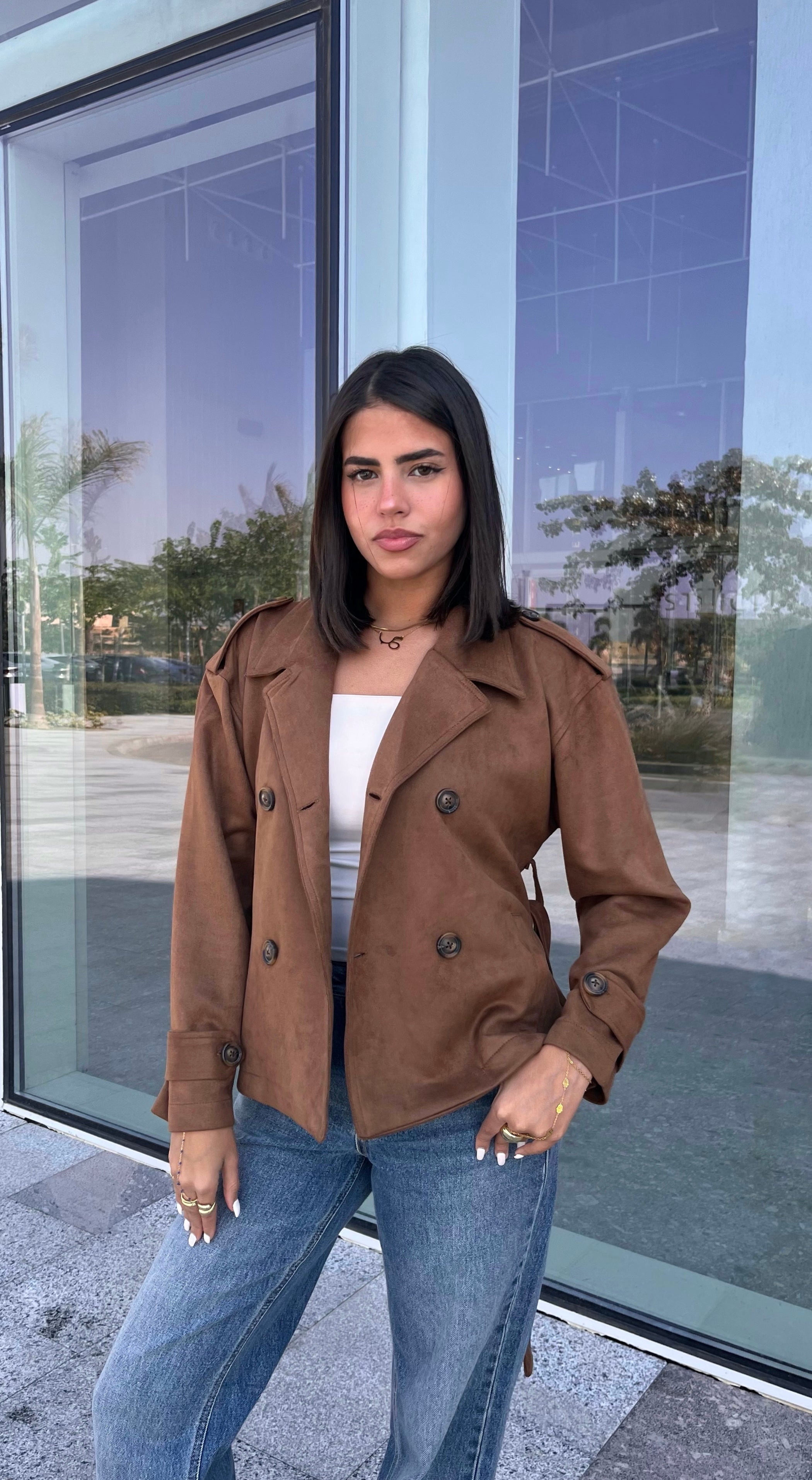 Suede trench coat with belt