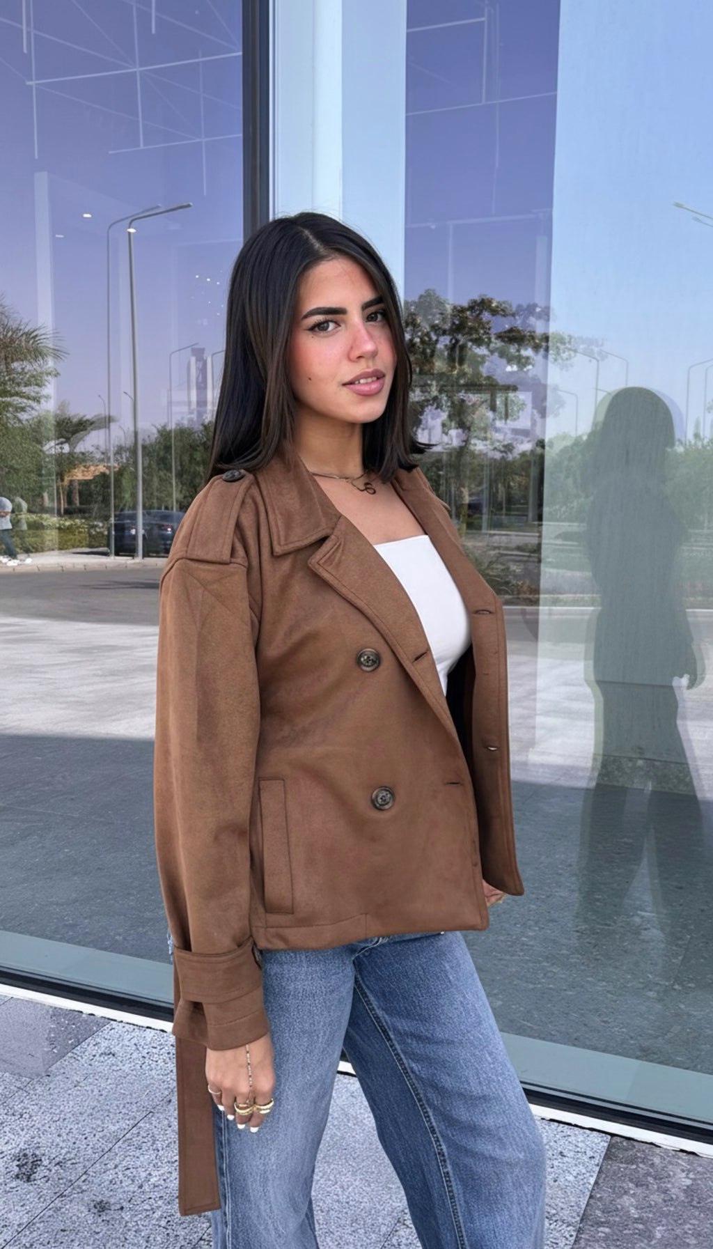 Suede trench coat with belt