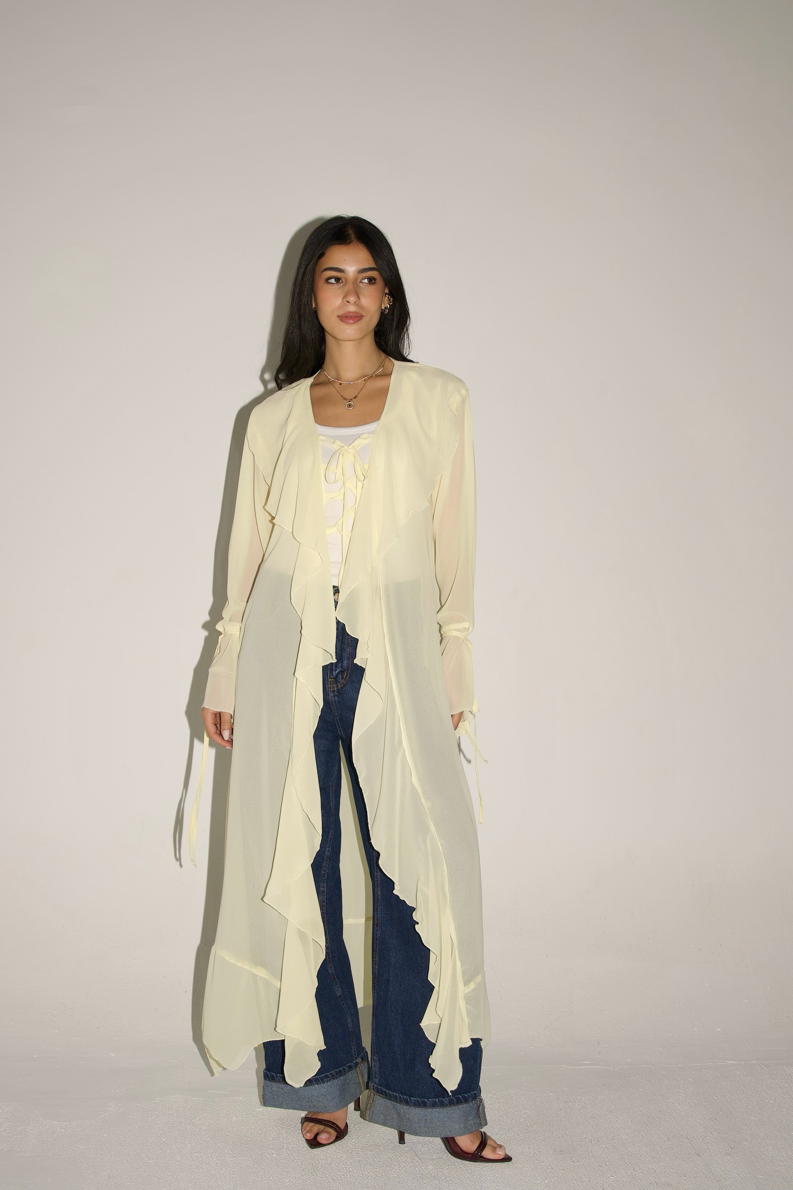 Ruffles cardigan in butter yellow
