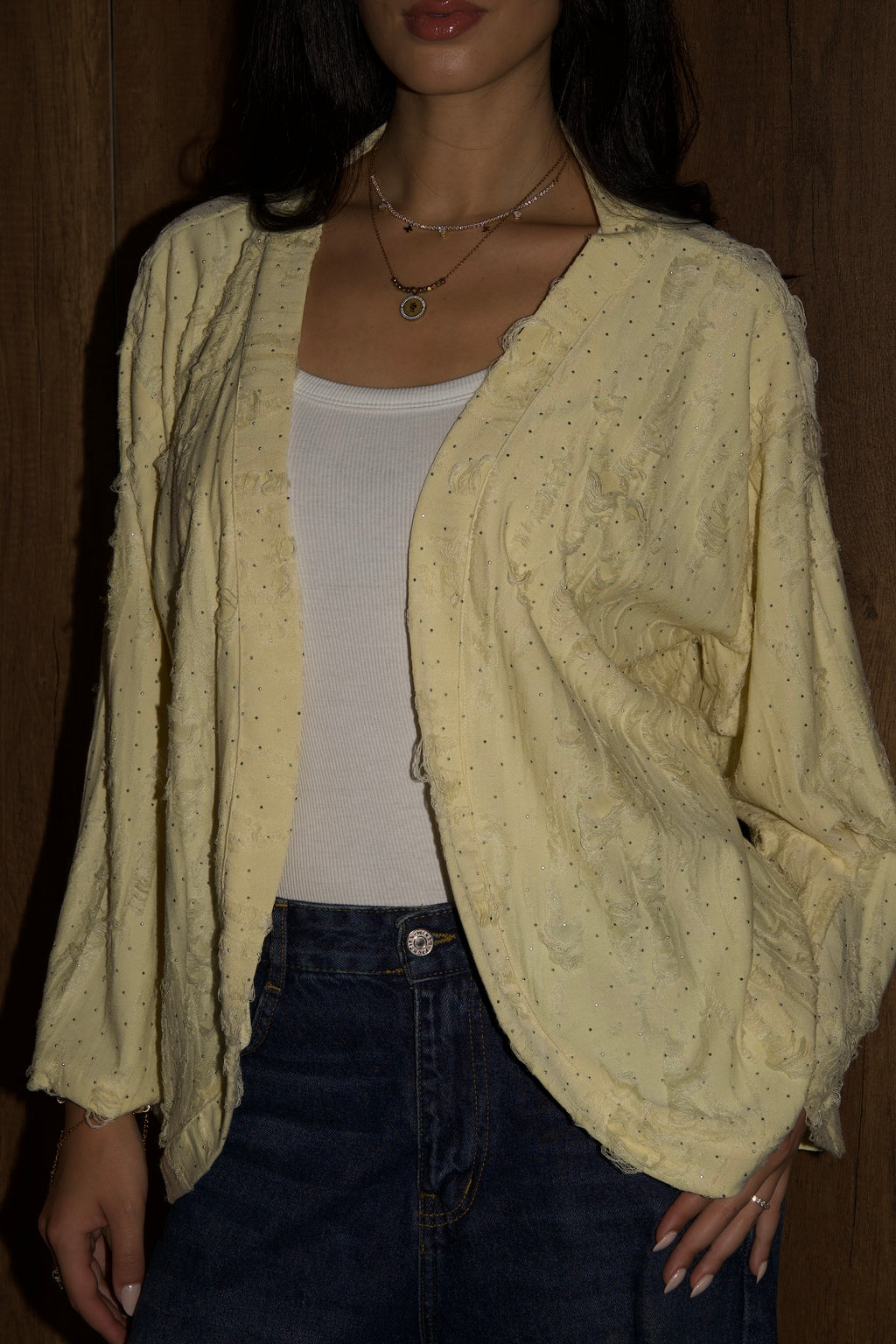 Studded linen kimono in butter yellow