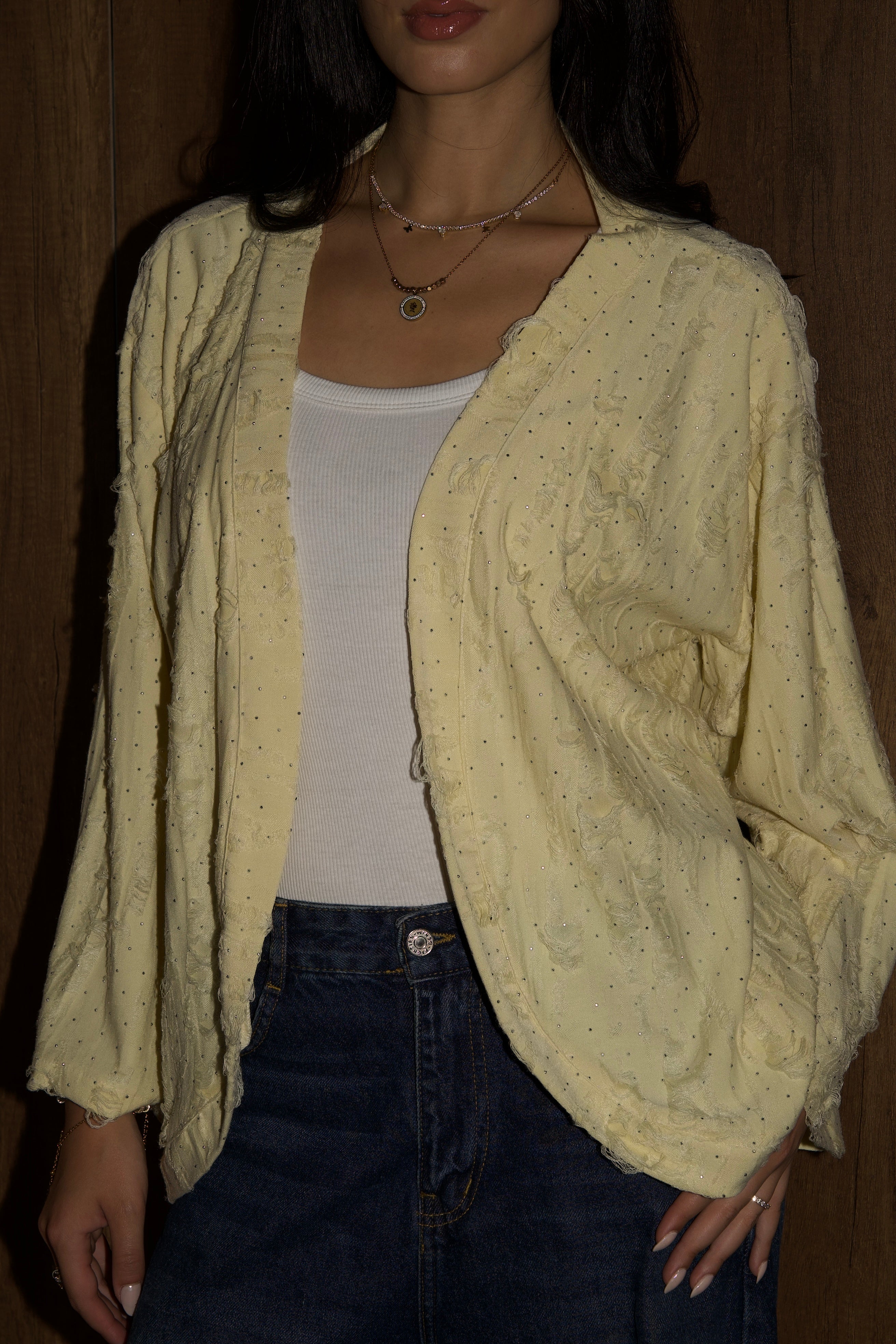 Studded linen kimono in butter yellow