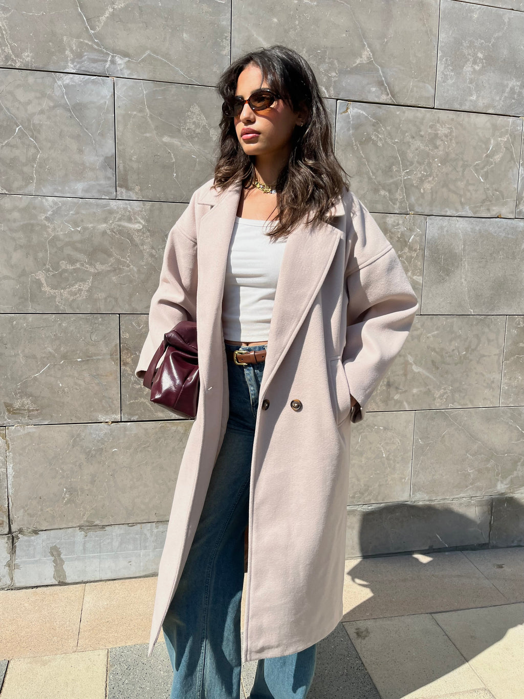 Long wool blend double-breasted coat