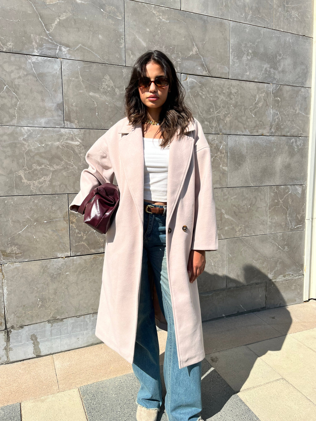 Long wool blend double-breasted coat