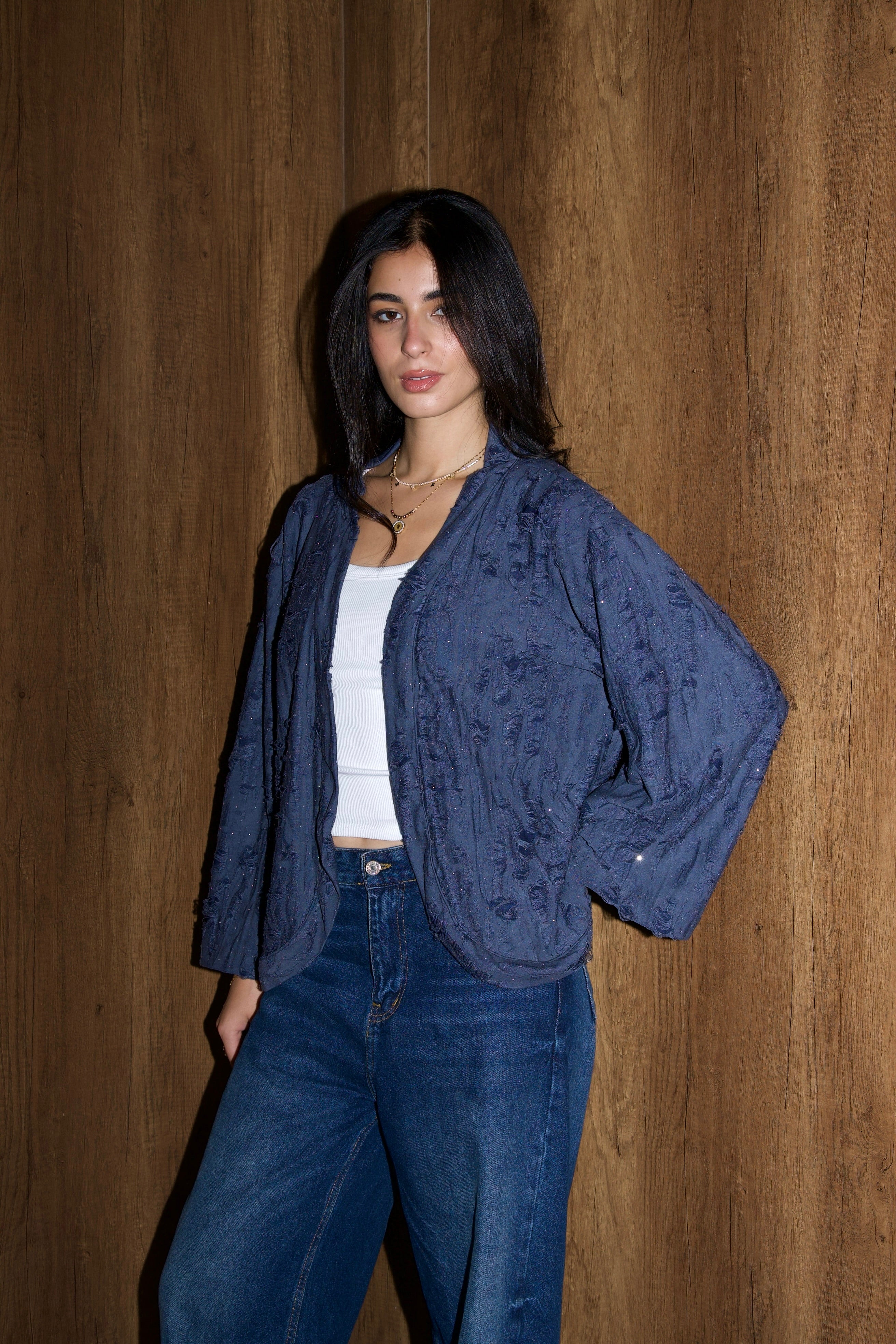 Studded linen kimono in navy