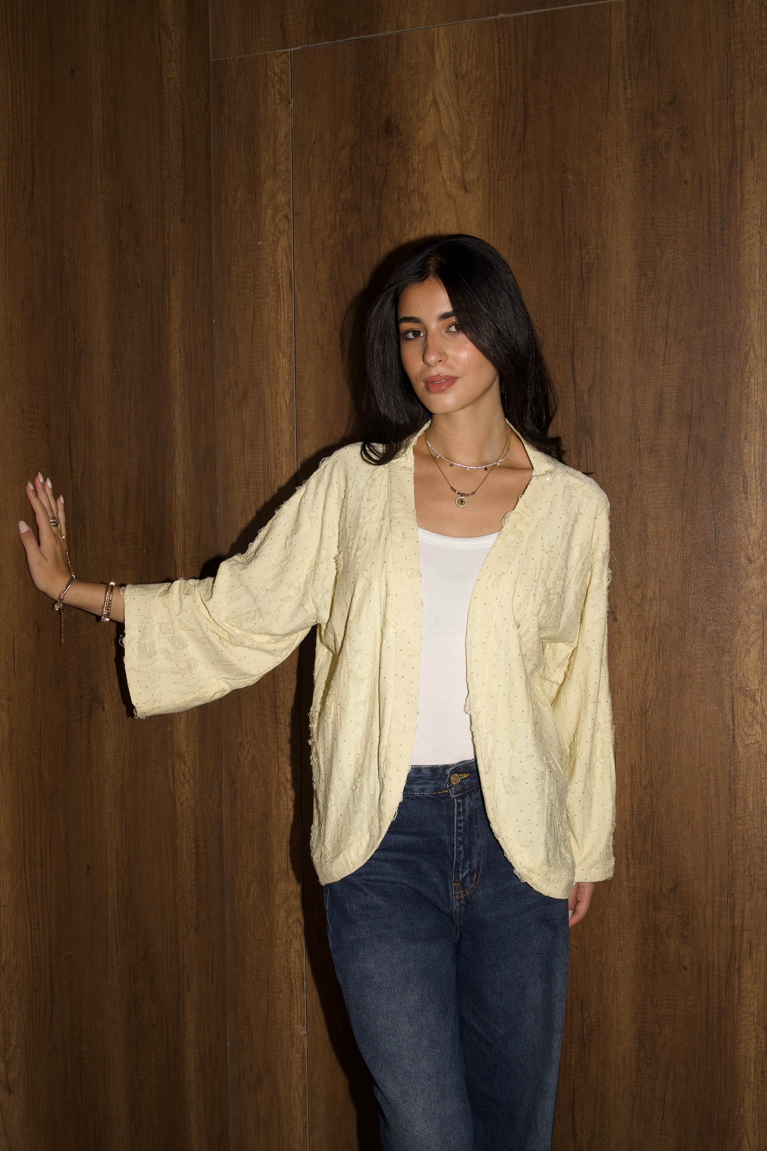 Studded linen kimono in butter yellow