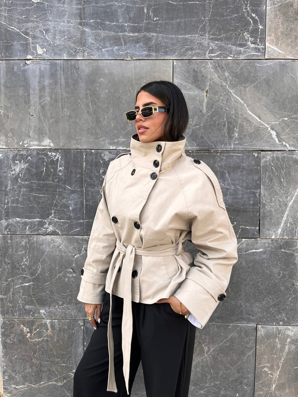 Funnel neck cropped trench coat