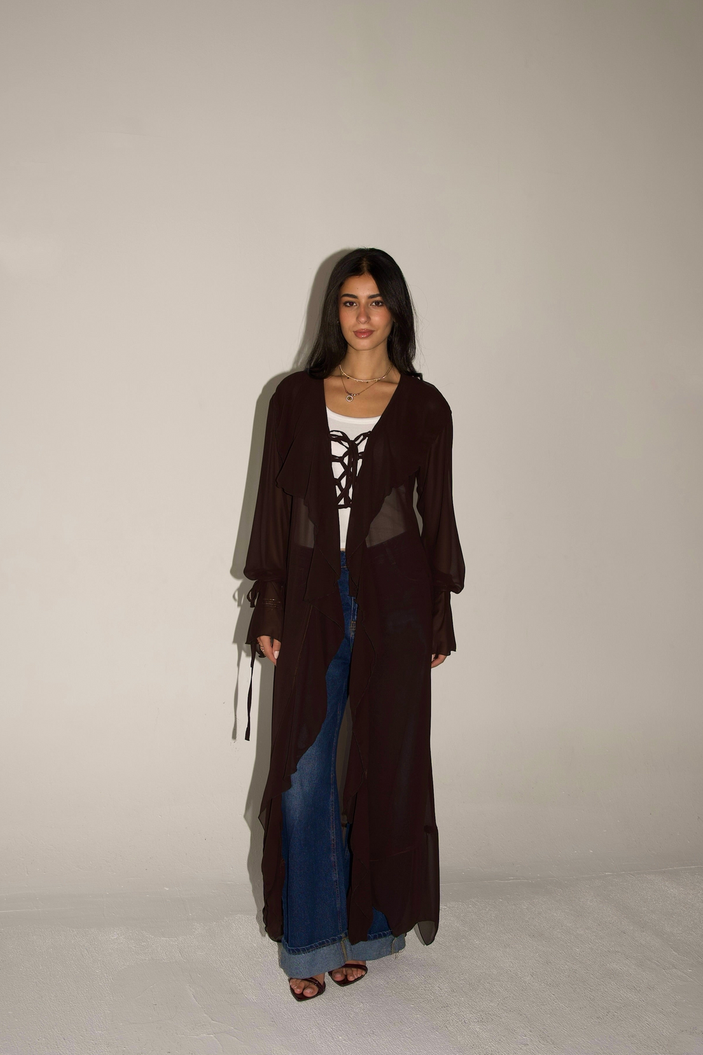Ruffles cardigan in chocolate brown