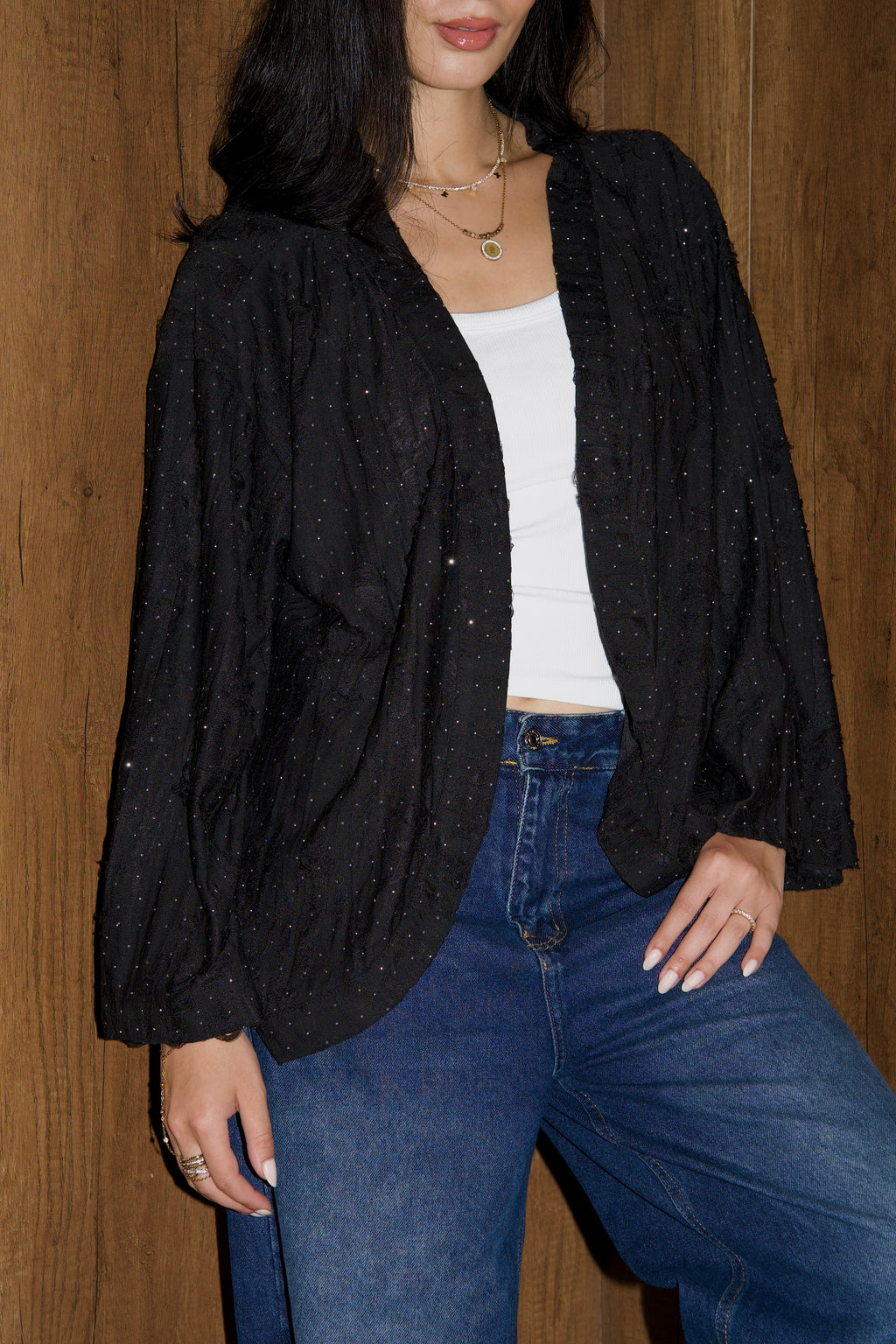 Studded linen kimono in black