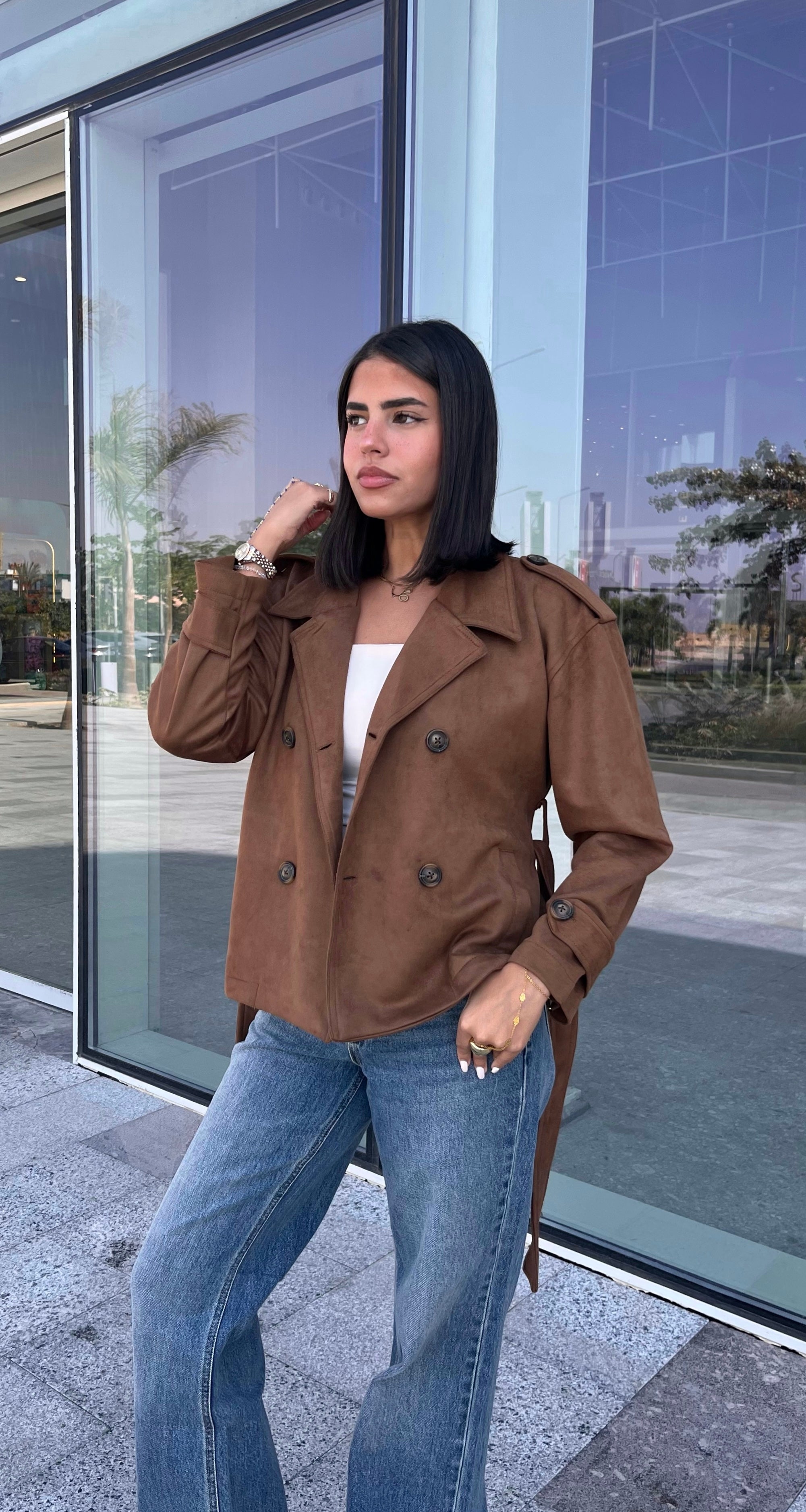 Suede trench coat with belt