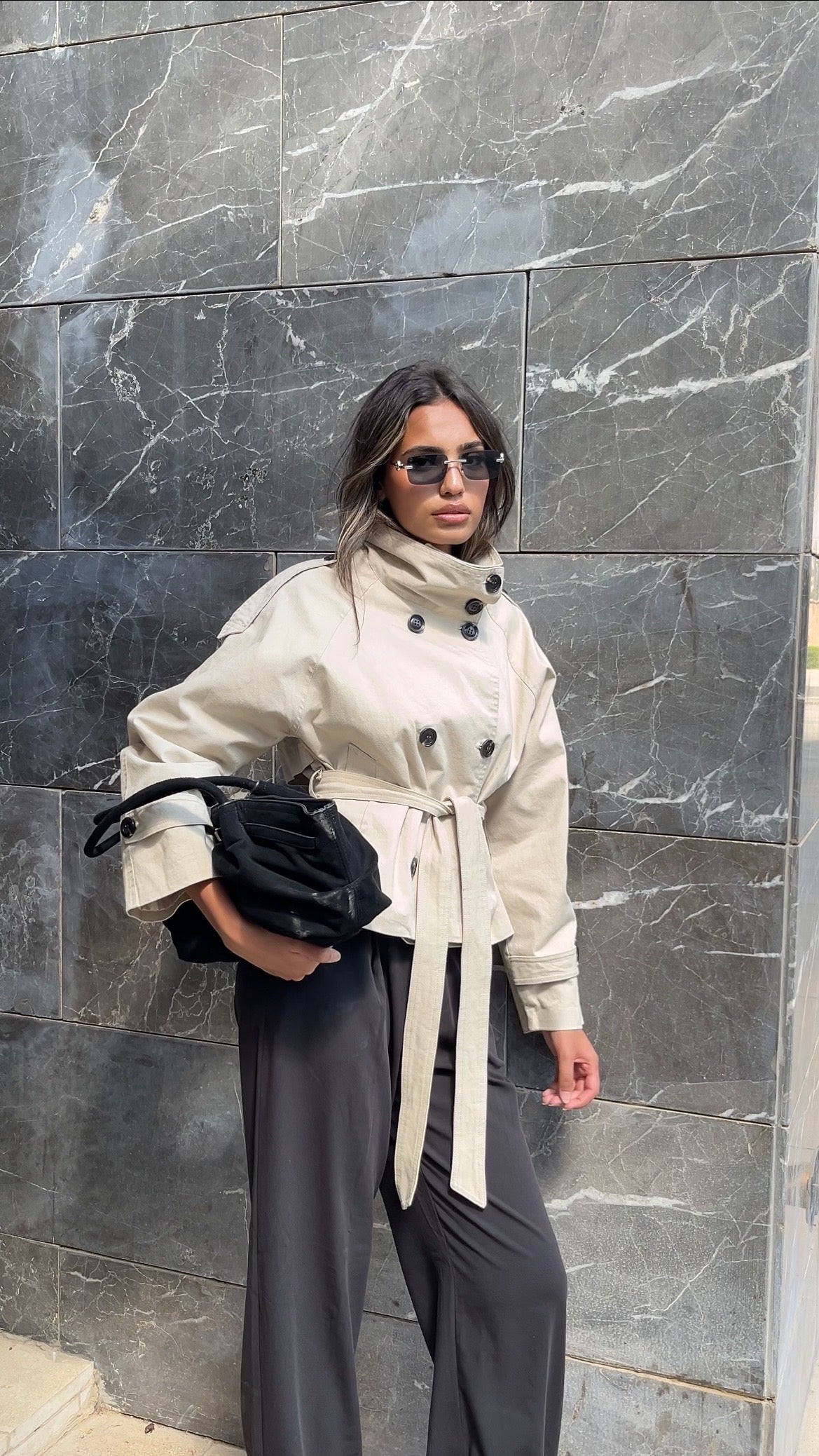 Funnel Neck Trench Coat In Beige