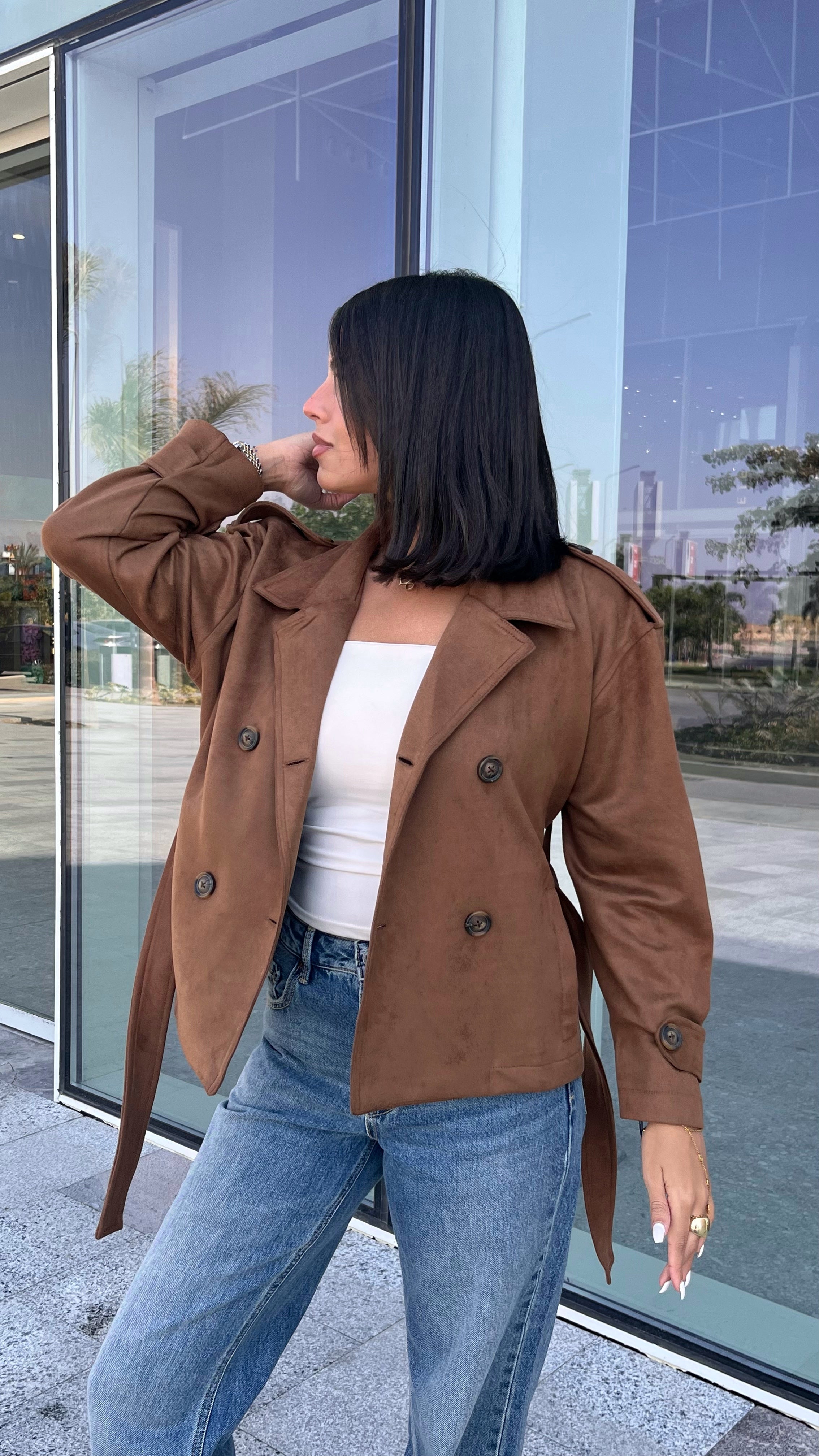 Suede trench coat with belt