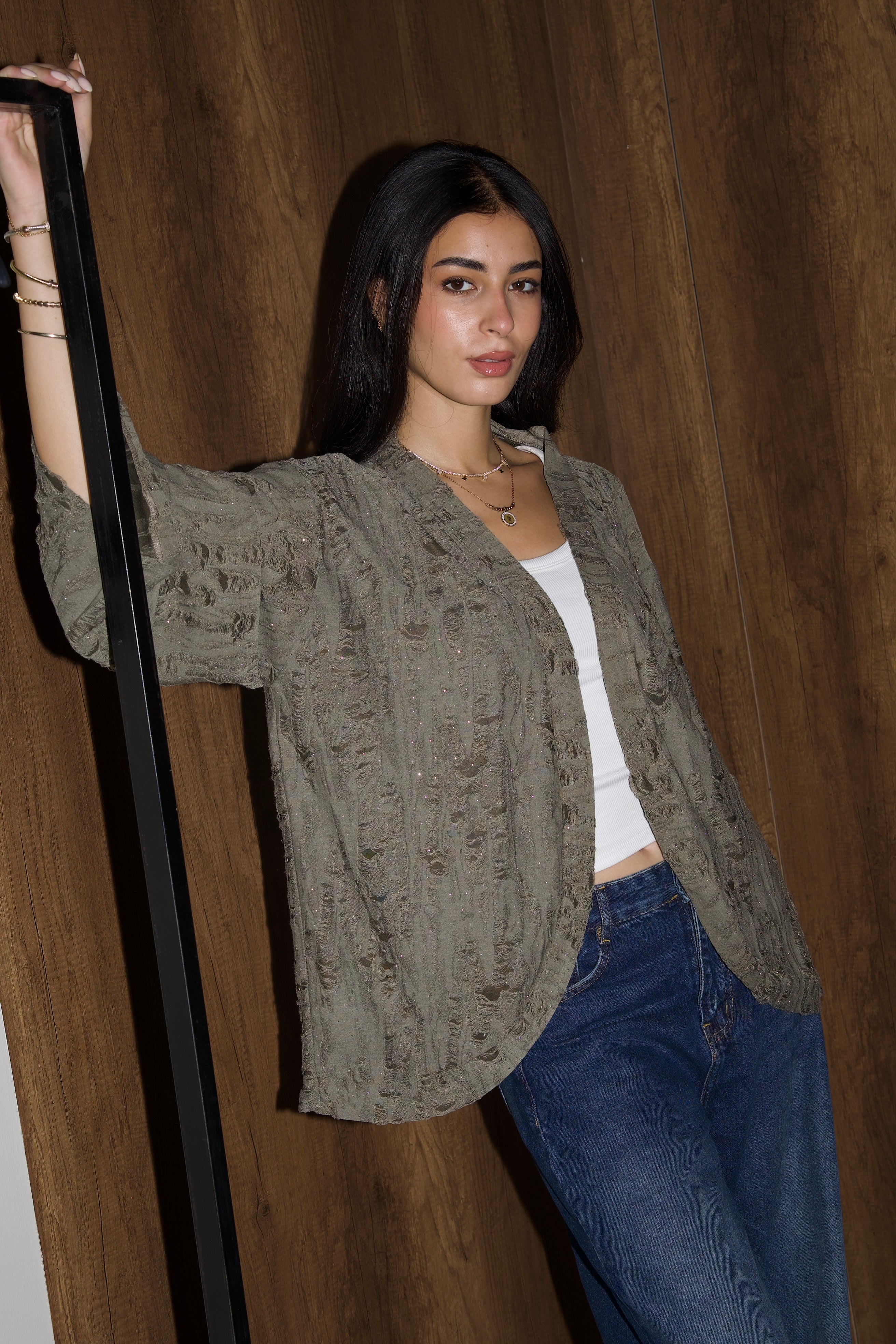 Studded linen kimono in olive