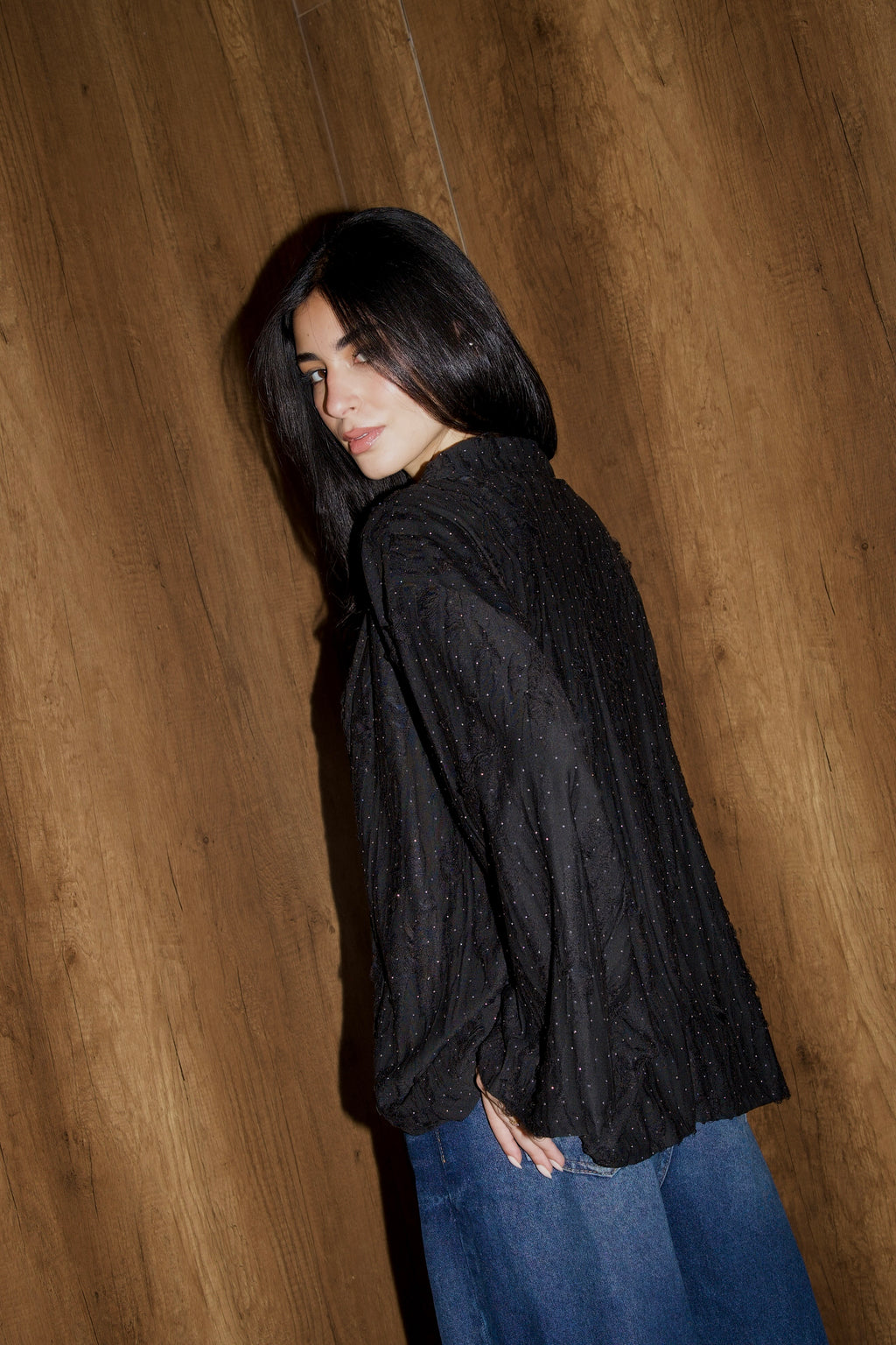 Studded linen kimono in black