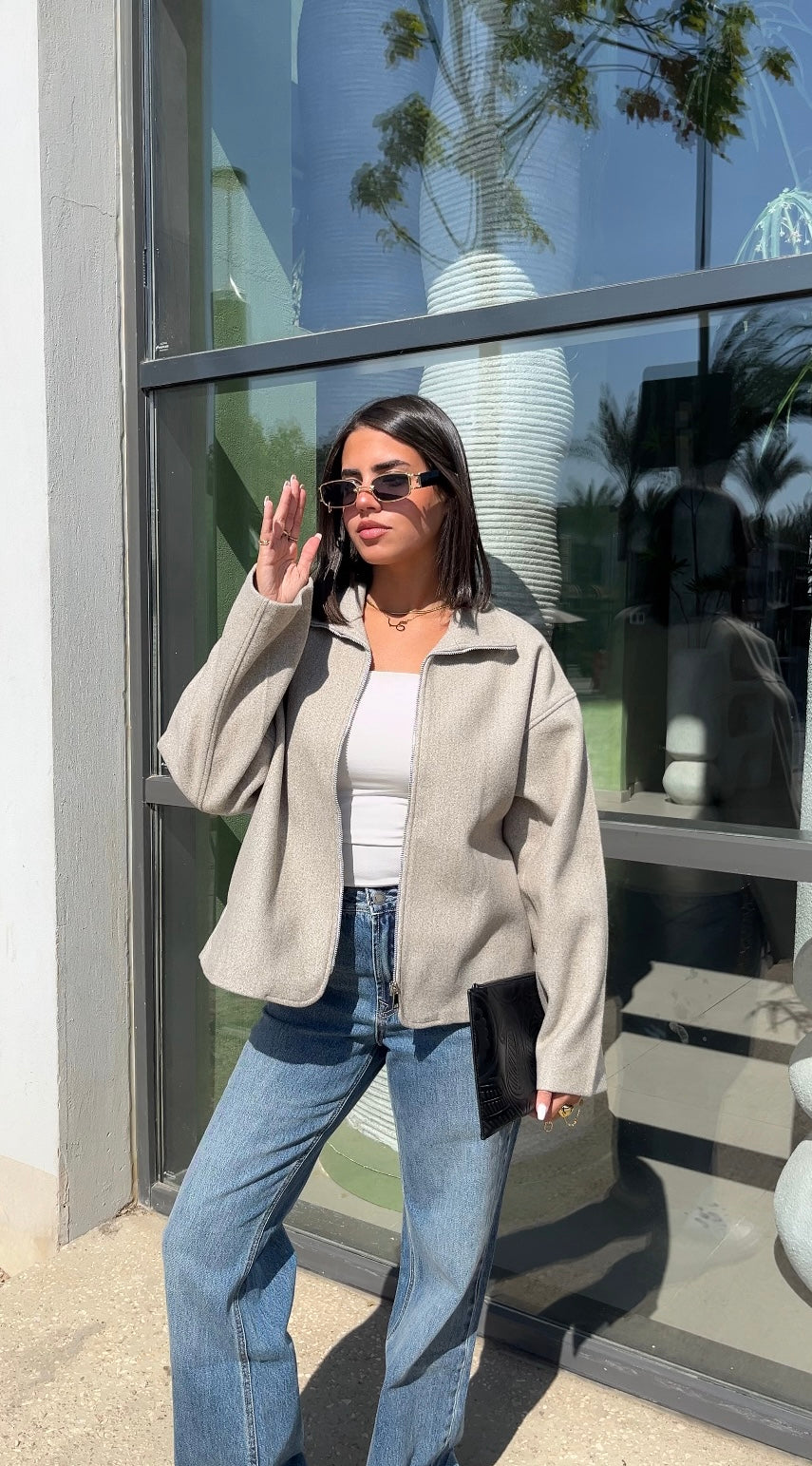 Short wool blend jacket with seams