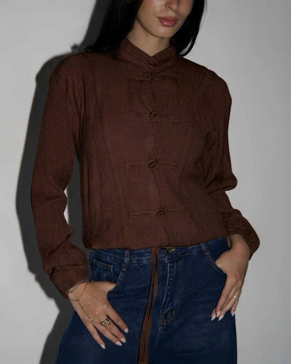 Mandarin Top in chocolate brown