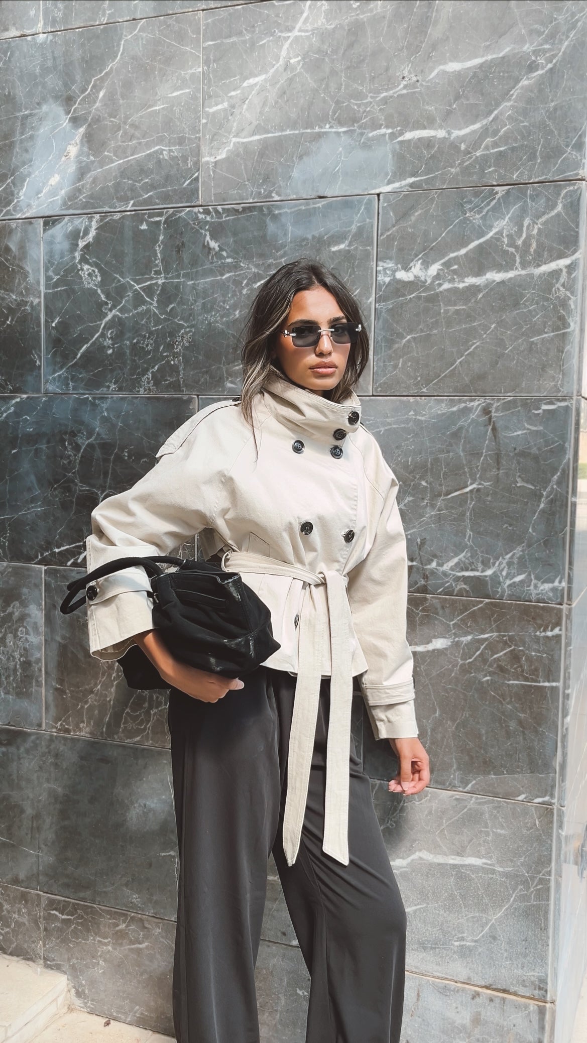 Funnel Neck Trench Coat In Beige