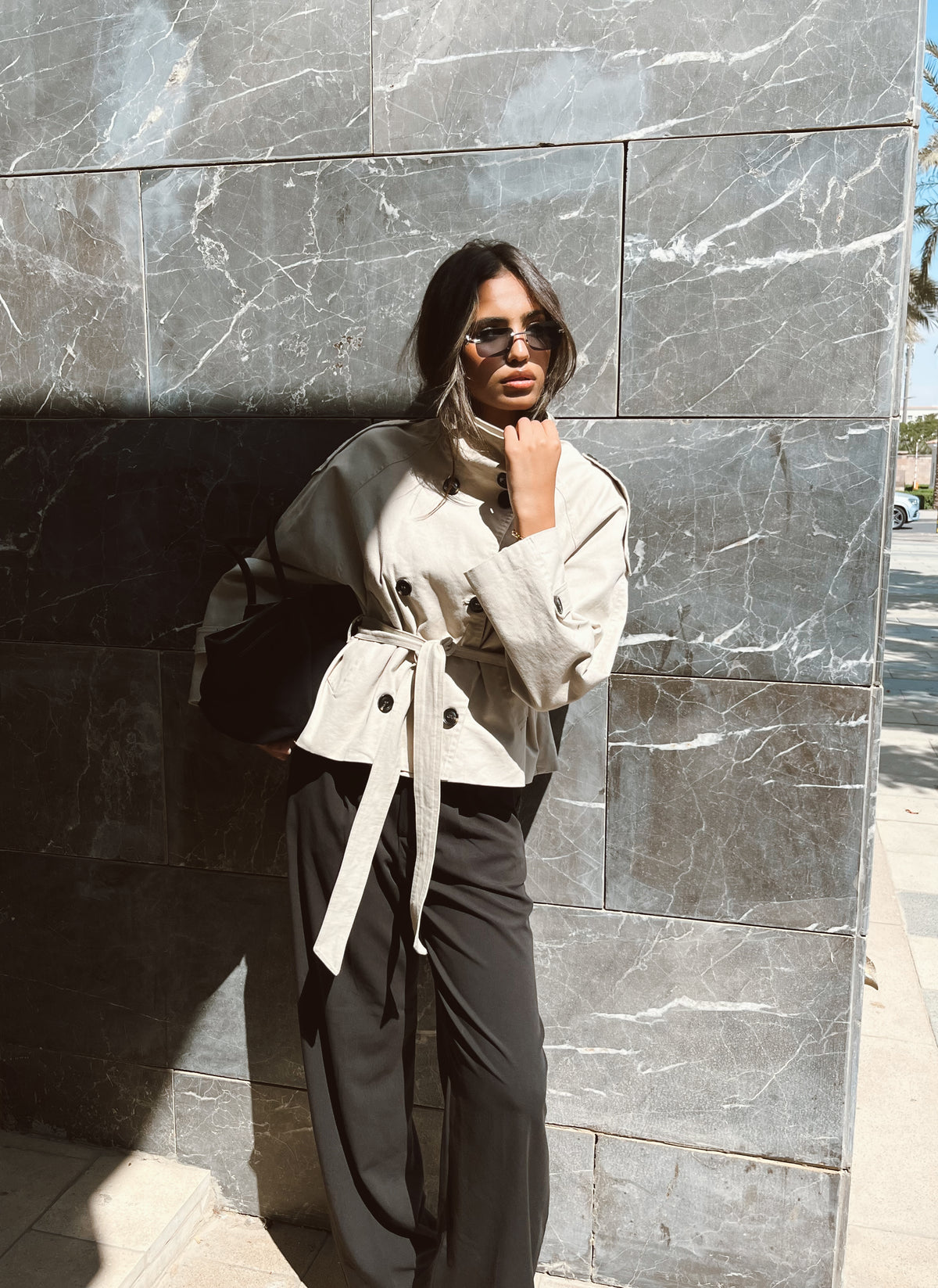 Funnel Neck Trench Coat In Beige